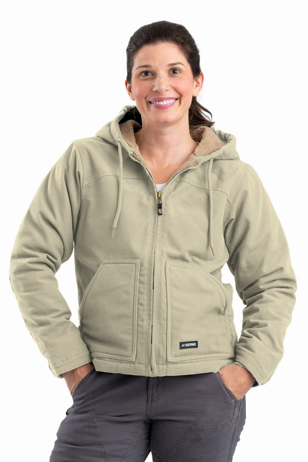 Berne Sand 100% Cotton Womens Softstone Hooded Coat Sherpa Modern Street Non Slip Collar