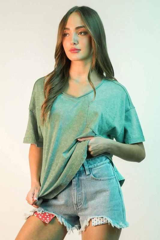 EcoCertified Low Profile Seaming Abby Mineral Washed V-neck Knit Top