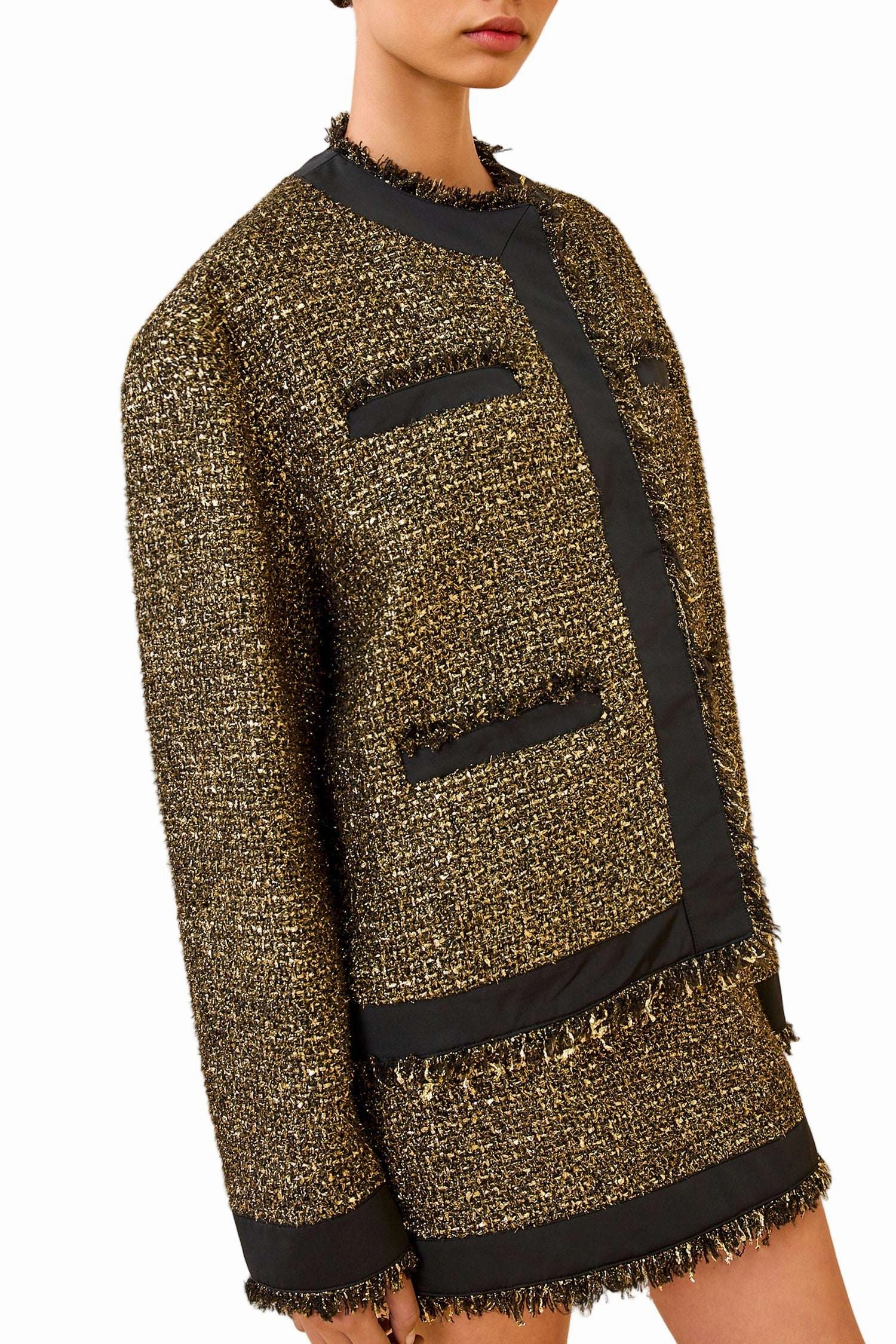 Carmella Tweed Coat in Tapestry Fur Trim Adjustable Hem Cords