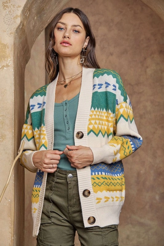 UltraQuietMaterial Seasonal Trend KORI BUTTON DOWN GEO SWEATER CARDIGAN