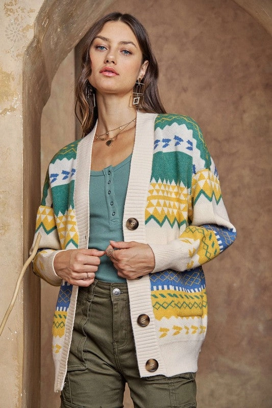 Softshell Material KORI BUTTON DOWN GEO SWEATER CARDIGAN