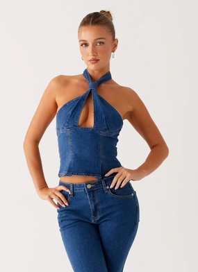 Saylor Halter Denim Top - Indigo Hidden Storage Pocket Tagless Labeling
