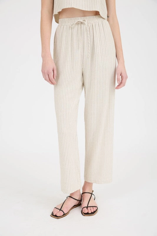 MALIA PINSTRIPE DRAWSTRING STRAIGHT LEG LINEN PANTS Cozy and Soft Classic Look