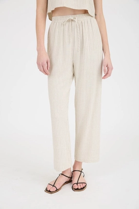 Durable Fabric wrinkle free MALIA PINSTRIPE DRAWSTRING STRAIGHT LEG LINEN PANTS