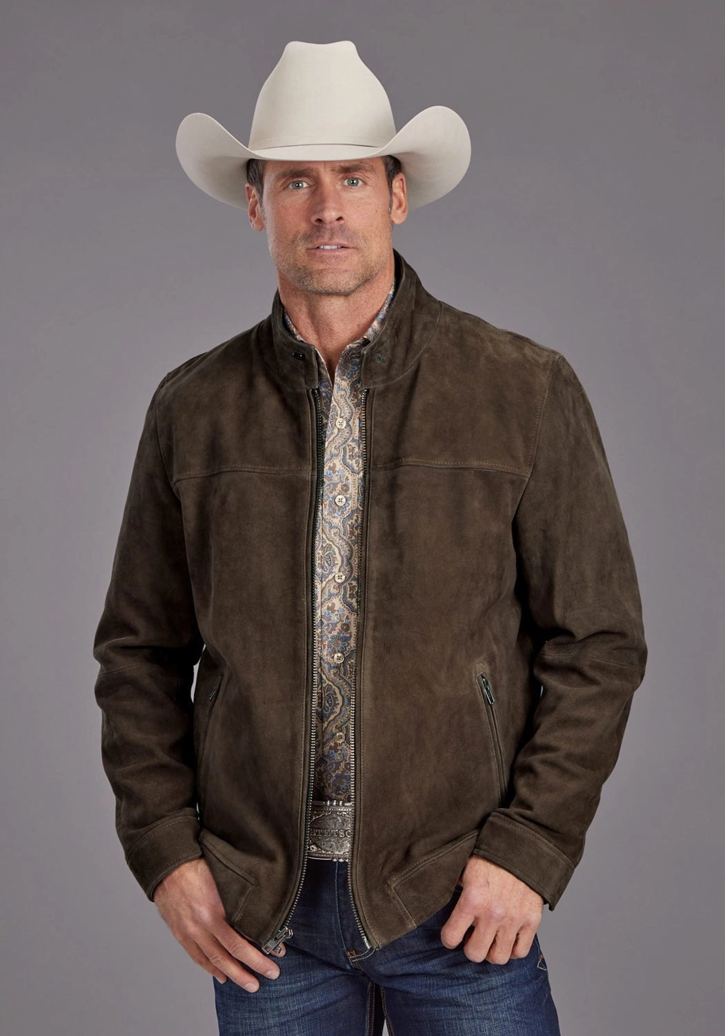 Stetson Mens Heavy Zip Brown Suede Leather Jacket Weatherproof Zipper Tech Water Repellent Coating