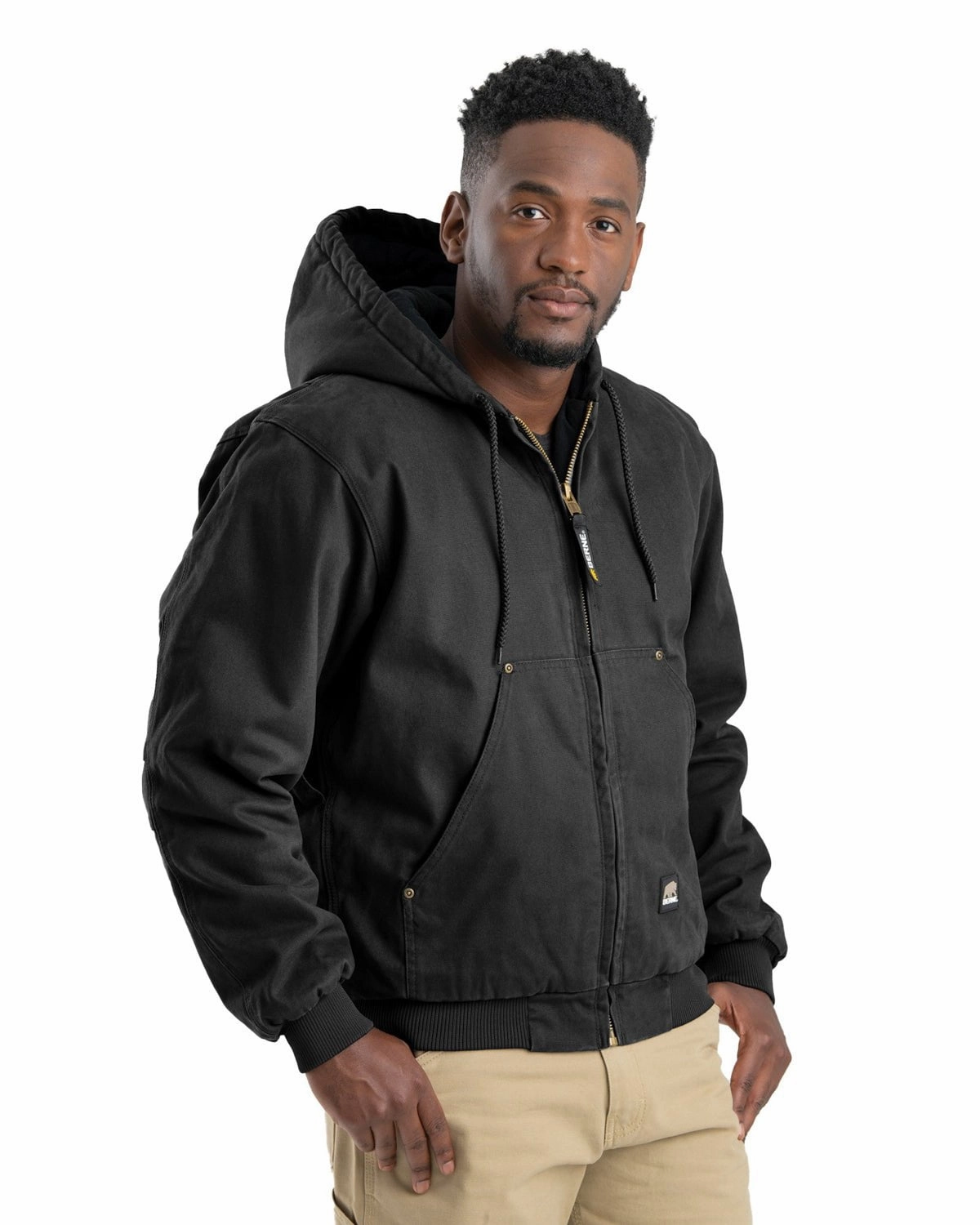Berne Apparel Mens Heartland Washed Hooded Black 100% Cotton Chore Jacket Compact Packable Feature