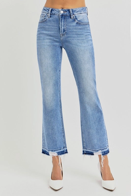 LAUREN HIGH RISE DISTRESSED SHADOW HEM STRAIGHT JEANS Unstructured Fit Compact Jacquard Weave