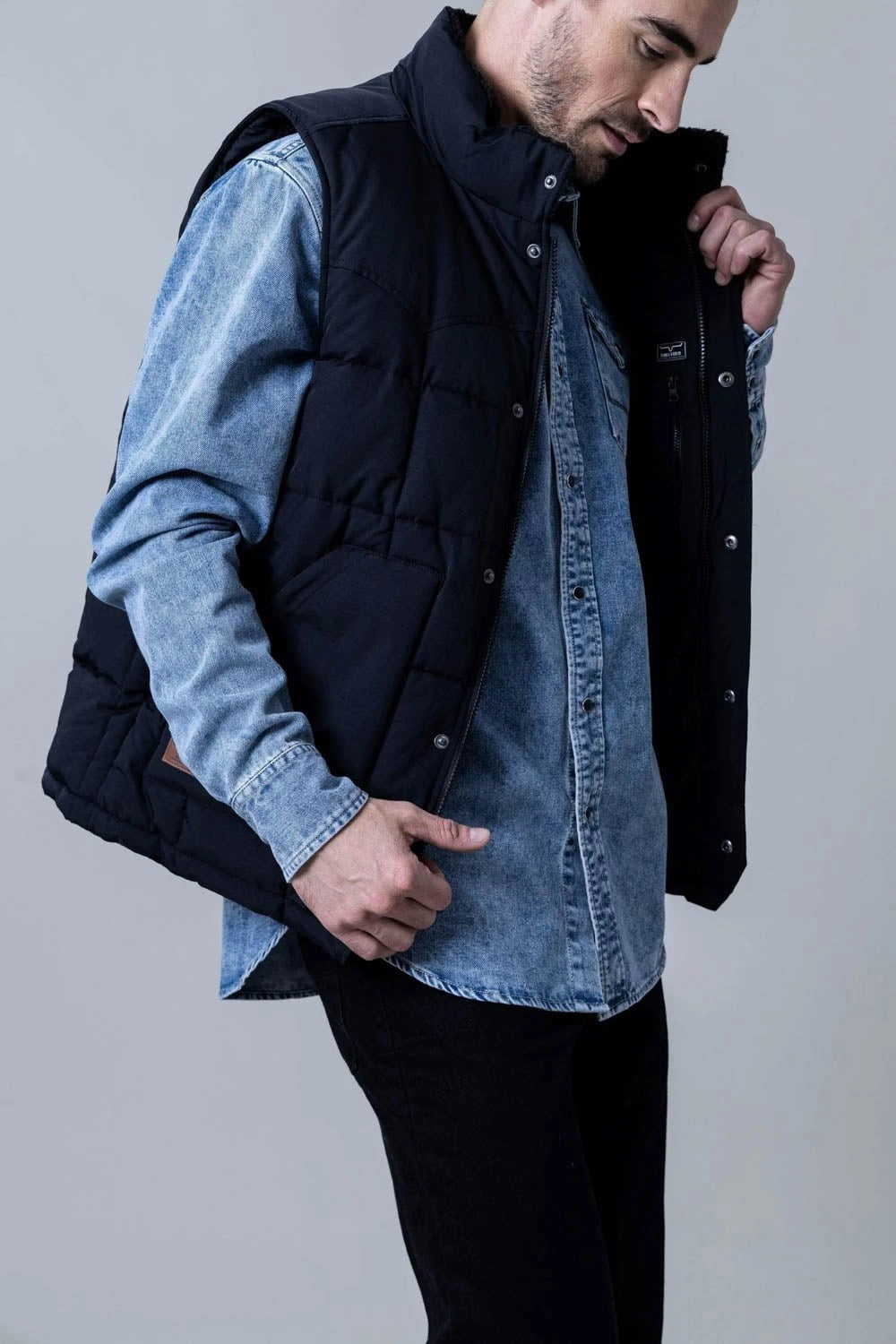 Kimes Ranch Mens Muir Trail Quilted Black Poly/Nylon Softshell Vest Durable Coating Multi pockets