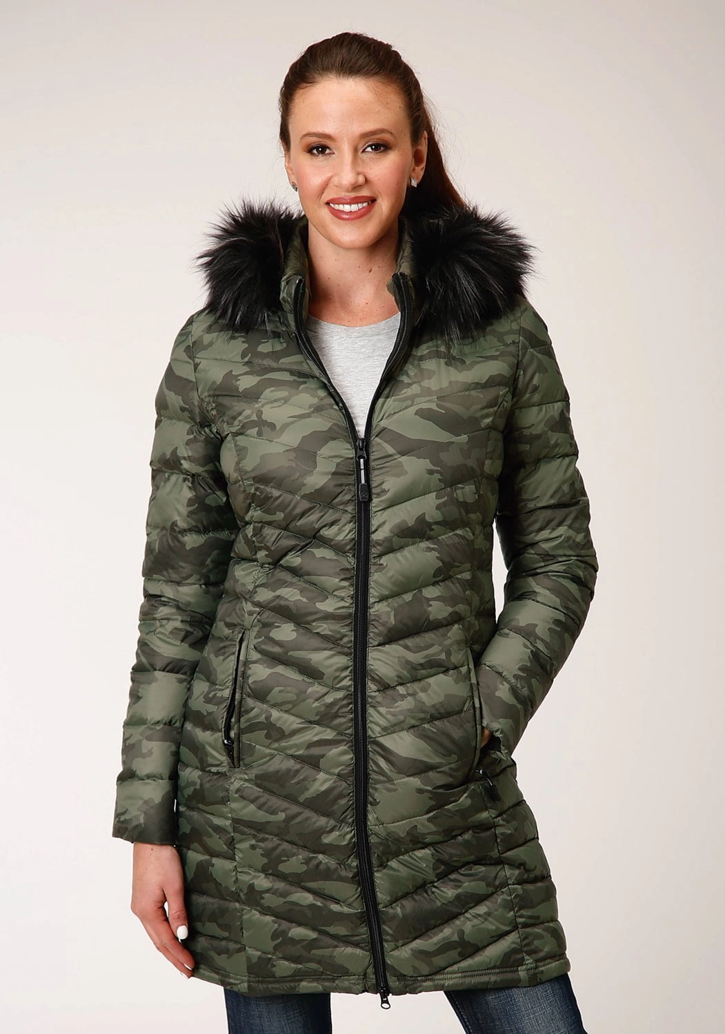 Zippered Closures Roper Womens Camo Nylon Down Filled Fur Coat