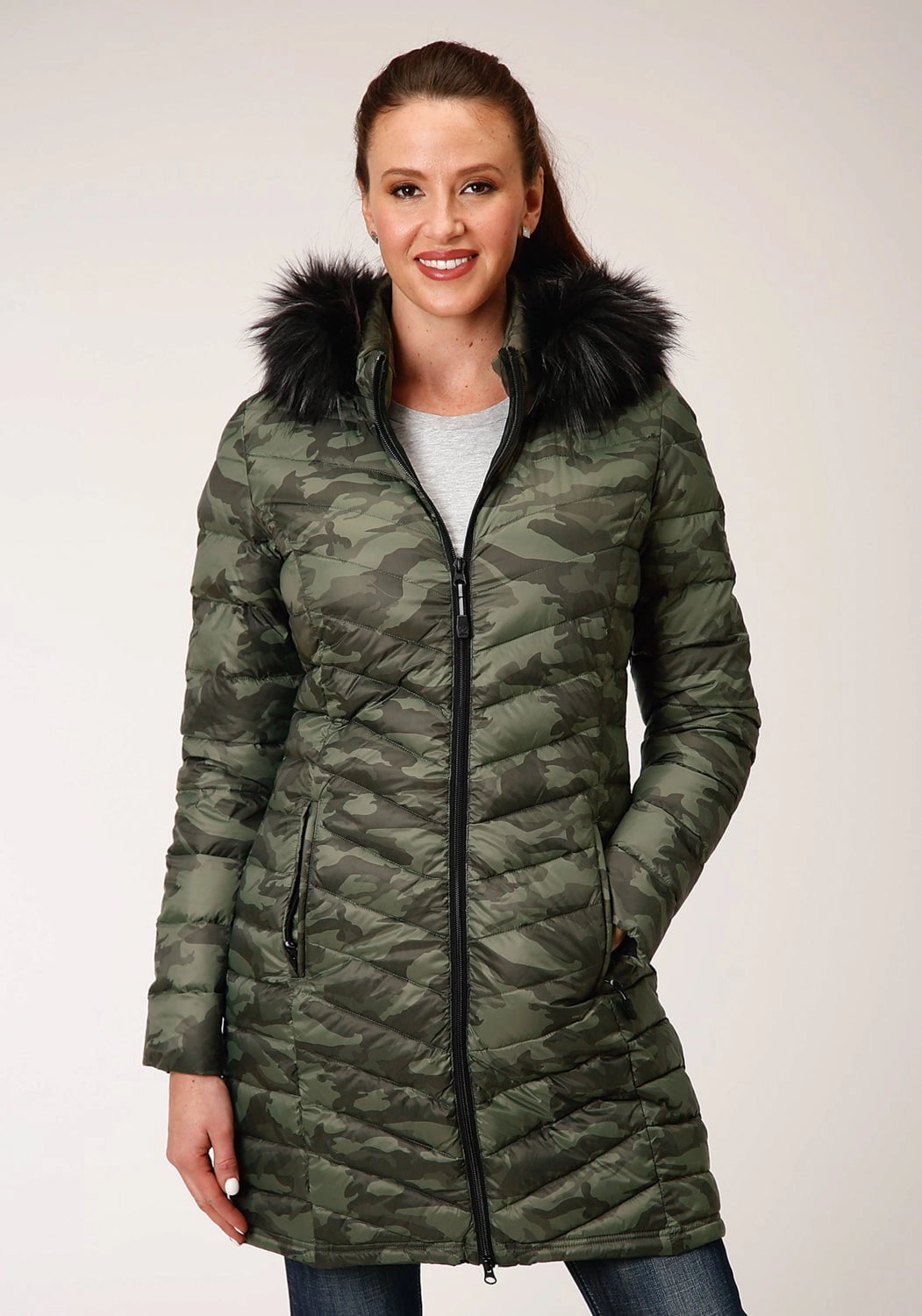 Roper Womens Camo Nylon Down Filled Fur Coat Easy Layering