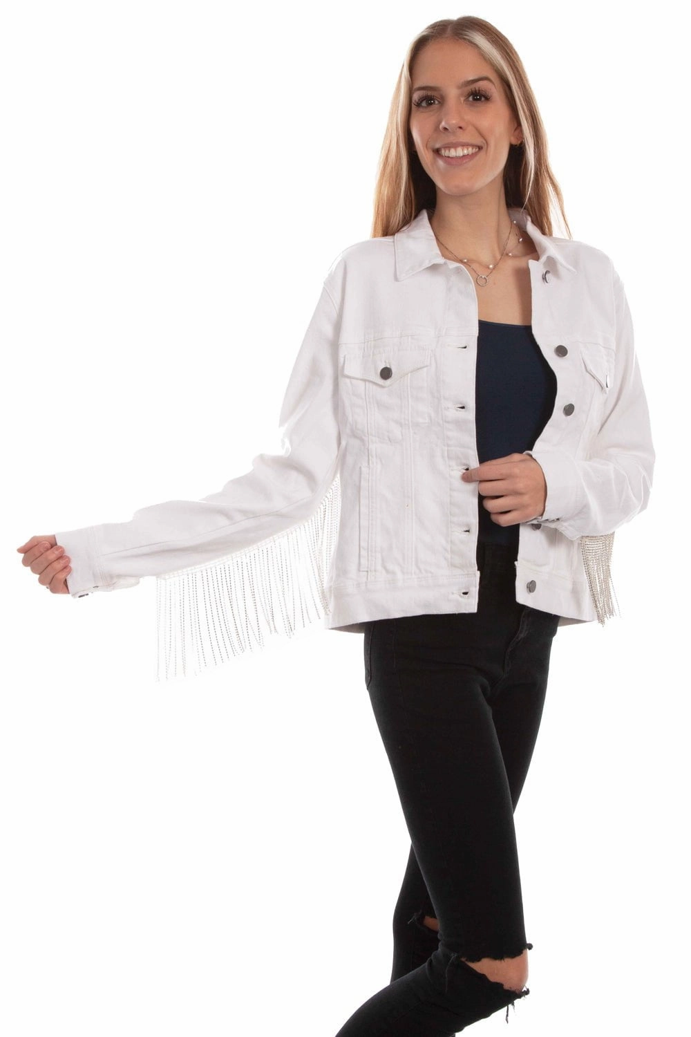 Hypoallergenic Fibers Basic Fit Scully Womens White Cotton Blend Rhinestone Fringe Jacket