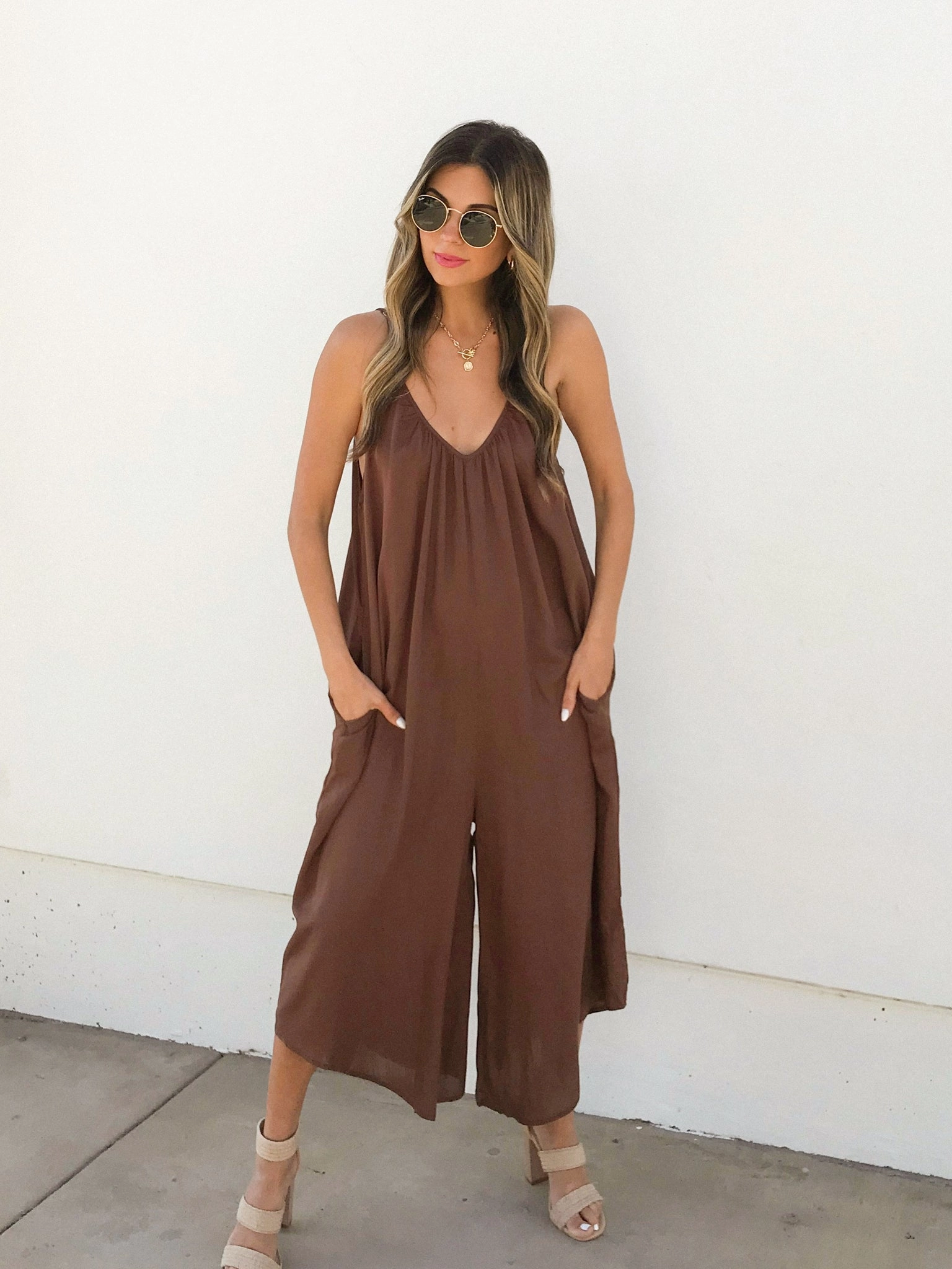 Drop Shoulder Cut Solana Jumpsuit in Brown