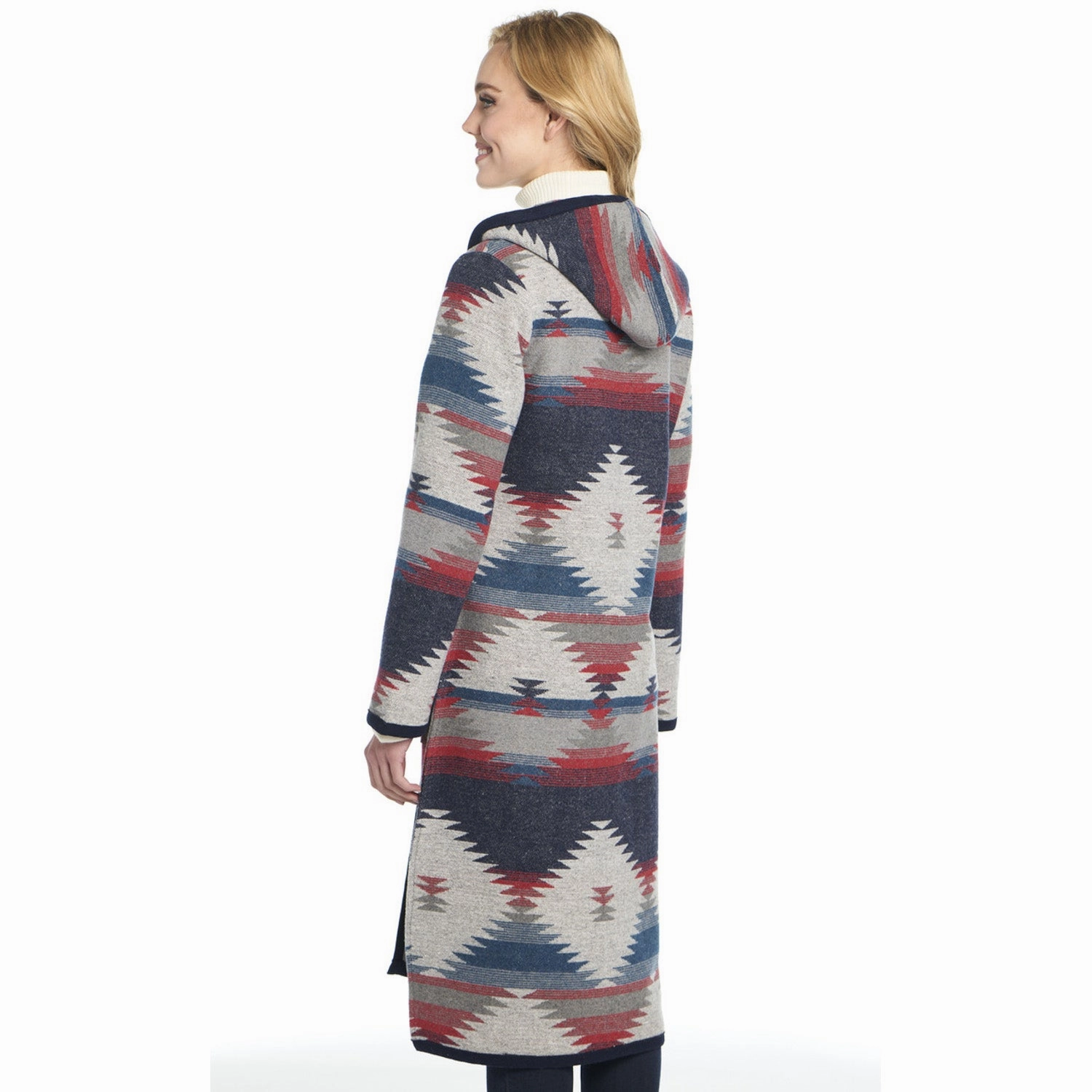 Cripple Creek Womens Button Front Navajo Blanket Scenic Blue Polyester Duster Coat OdorResistantTreatment Stretch Weave Fabric