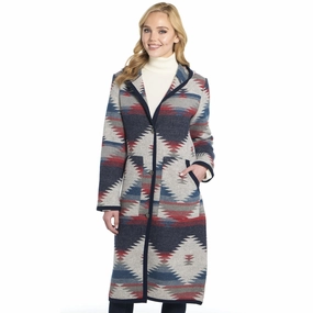 Cripple Creek Womens Button Front Navajo Blanket Scenic Blue Polyester Duster Coat UV Resistant Finish Winter Outerwear