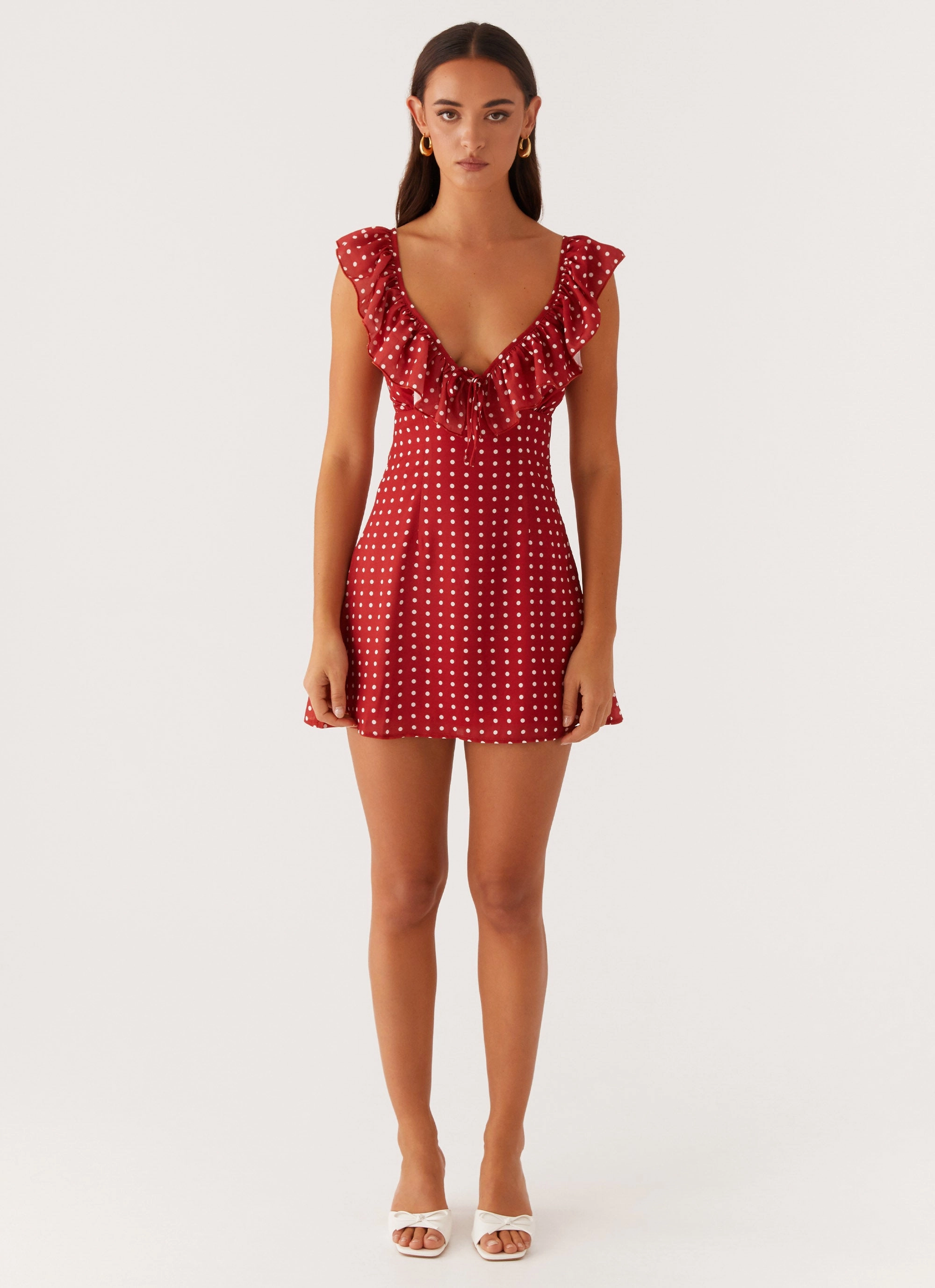 Adrina Ruffle Mini Dress - Red Polka Dot Dropped-Waist