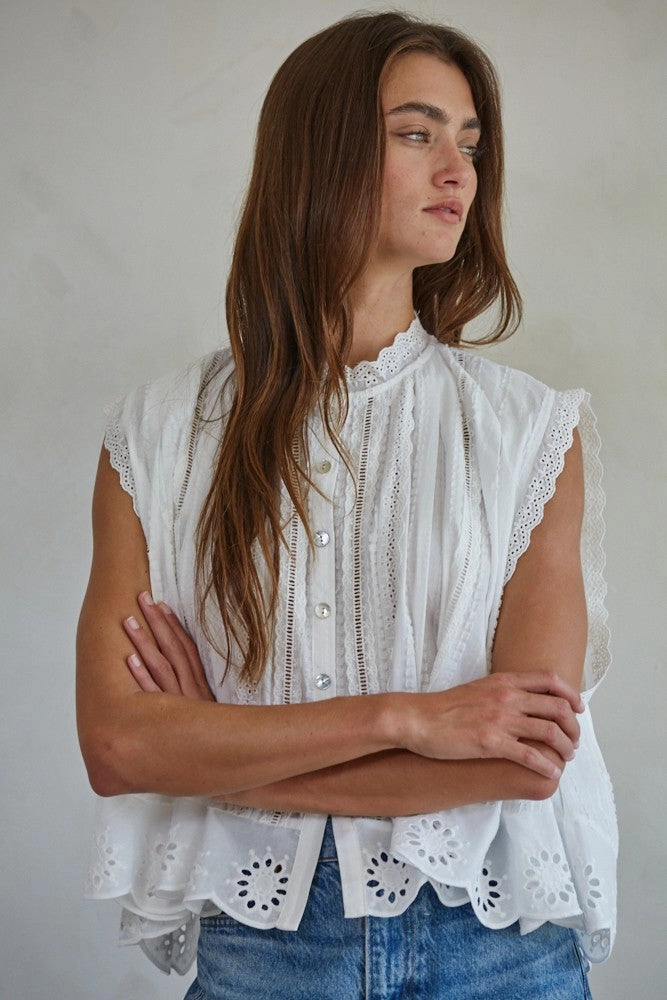 Adva Eyelet Button Down Top CrewNeck