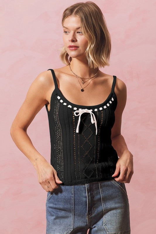 Lily Ribbon Tie Front Fitted Sweater Knit Tank Top Ergonomic Shape large - size wheels