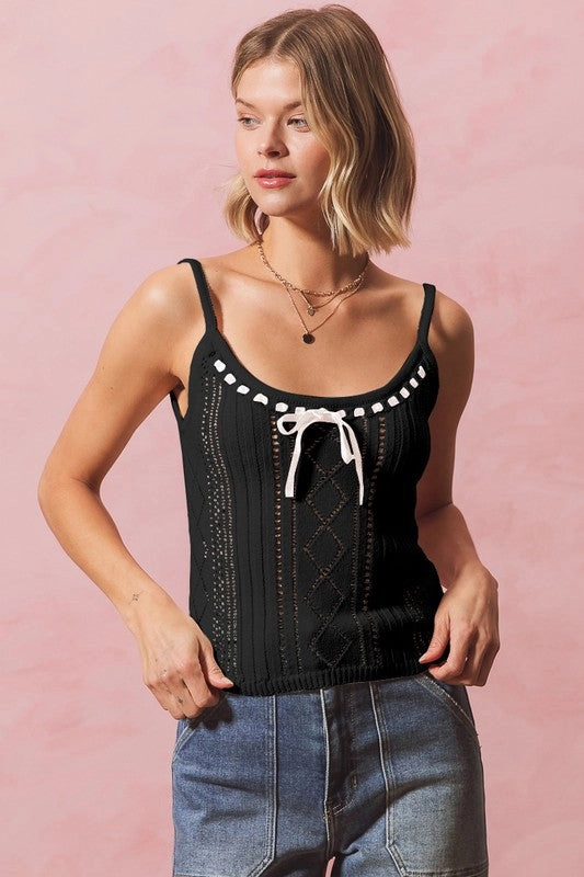 Lily Ribbon Tie Front Fitted Sweater Knit Tank Top AllDaySoftness