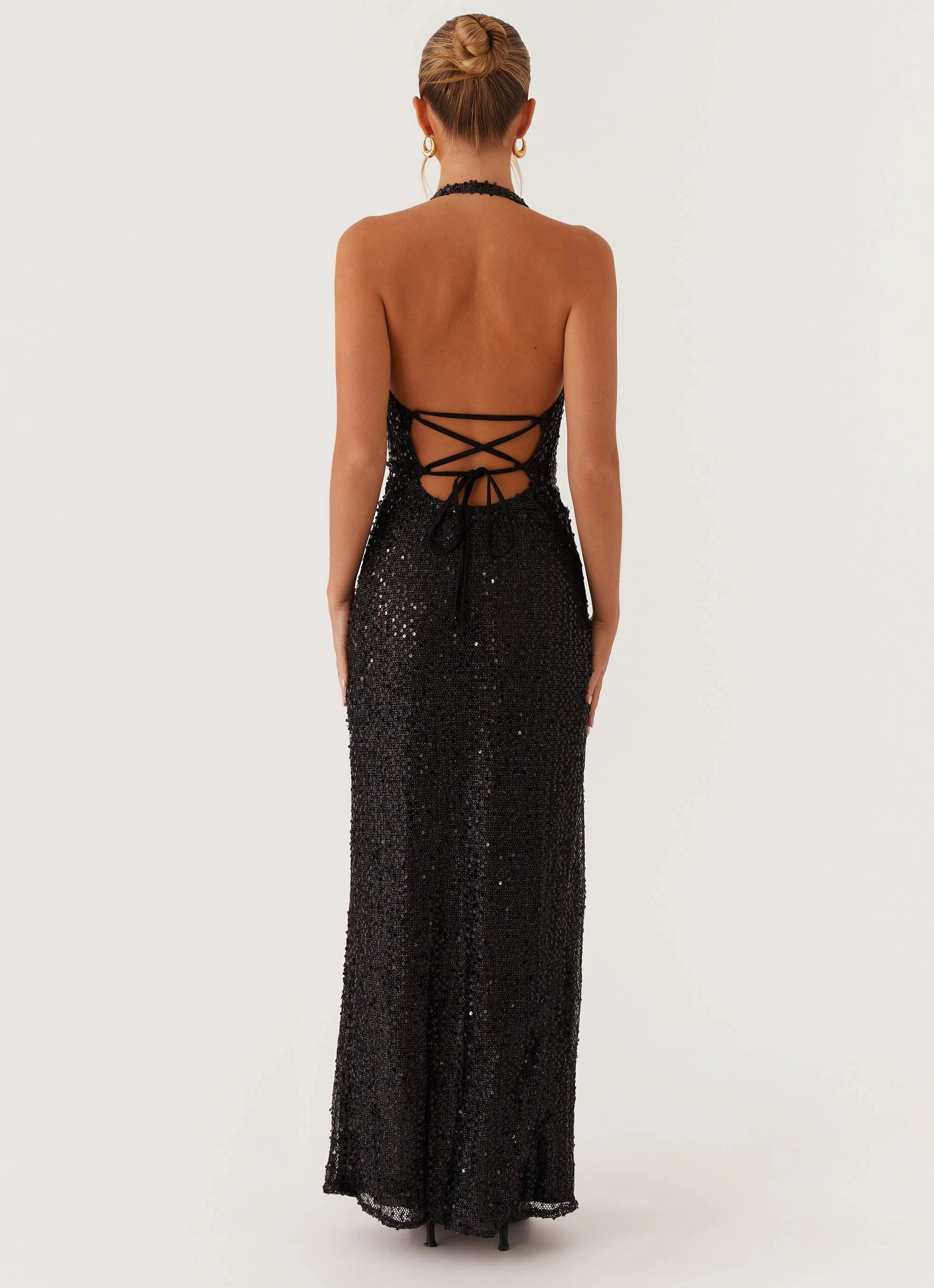 After Tonight Sequin Cowl Neck Maxi Dress - Black Silky Surface Lightweight-Lining