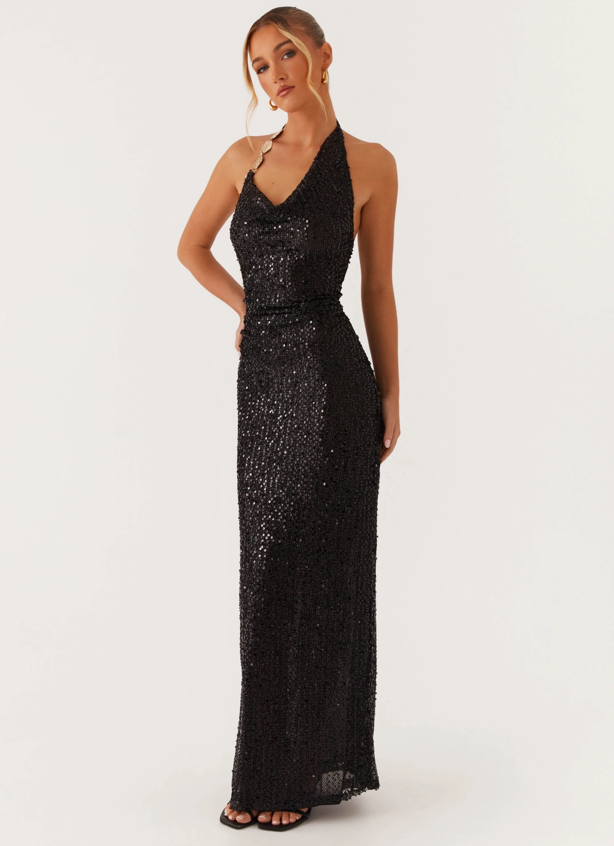 After Tonight Sequin Cowl Neck Maxi Dress - Black Sleek and Flattering Chill Edge