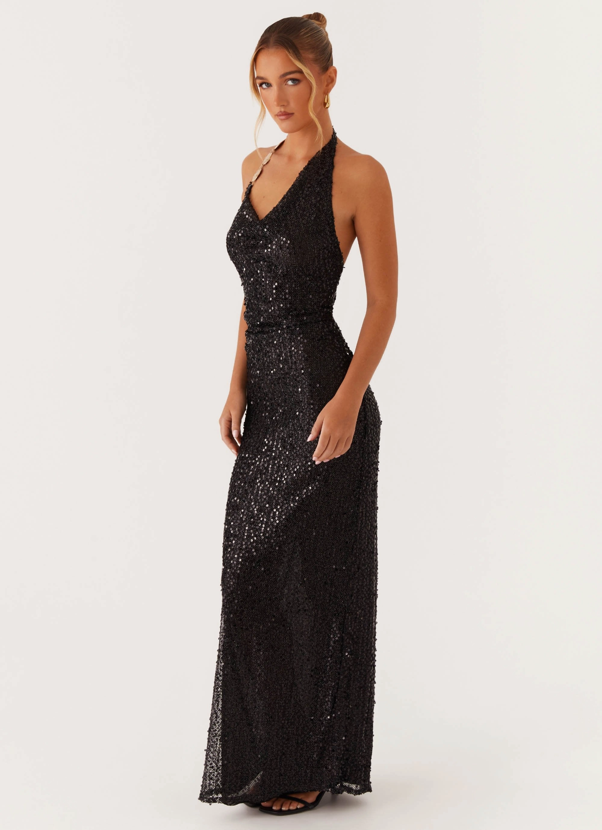 Refined Finish After Tonight Sequin Cowl Neck Maxi Dress - Black