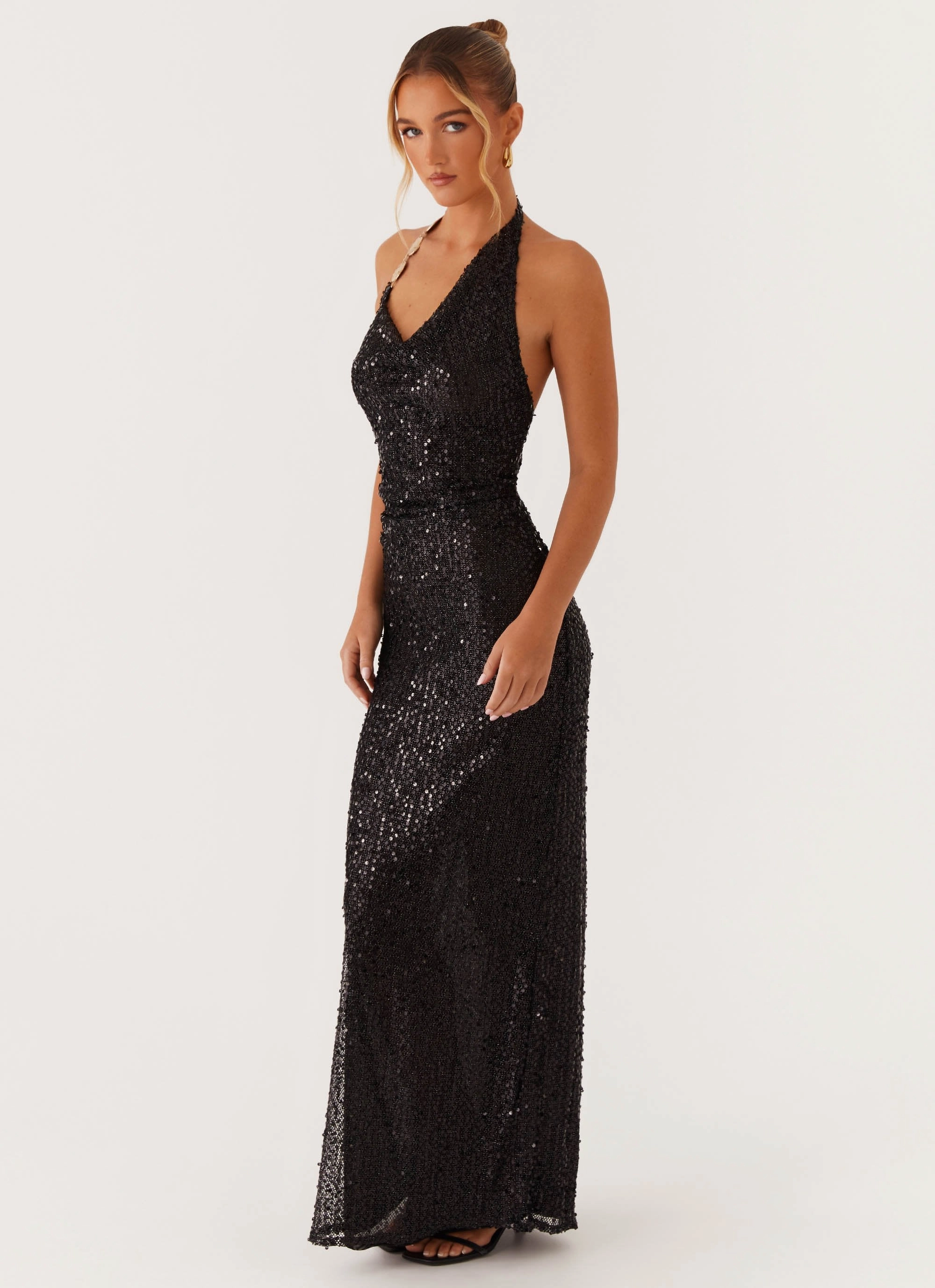 Smooth Curve After Tonight Sequin Cowl Neck Maxi Dress - Black