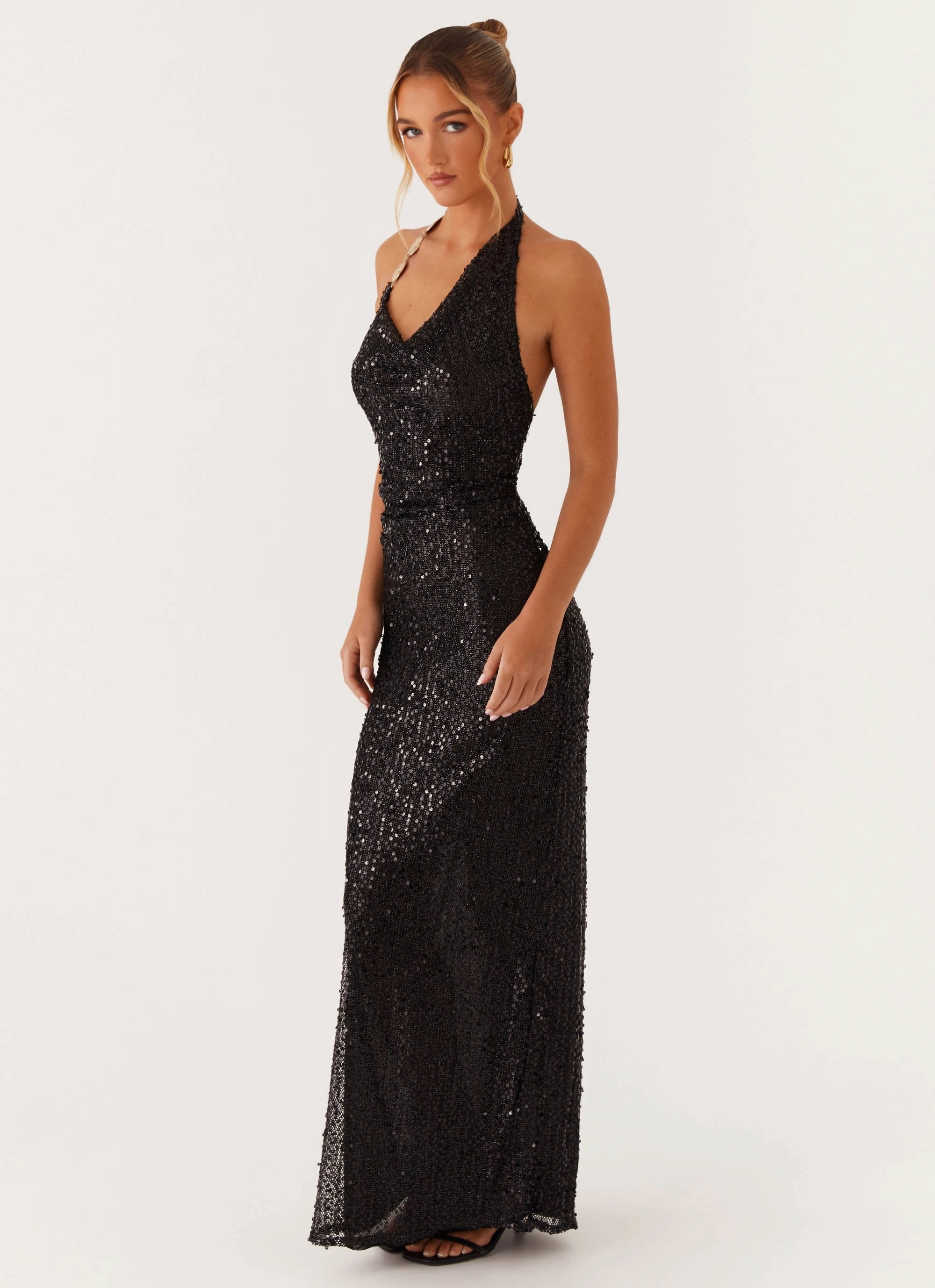 Easy Pick After Tonight Sequin Cowl Neck Maxi Dress - Black
