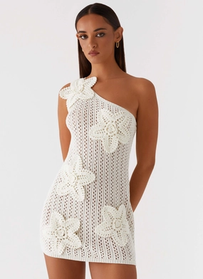 Afterglow One Shoulder Crochet Mini Dress - Ivory Refined Cut Chic Energy