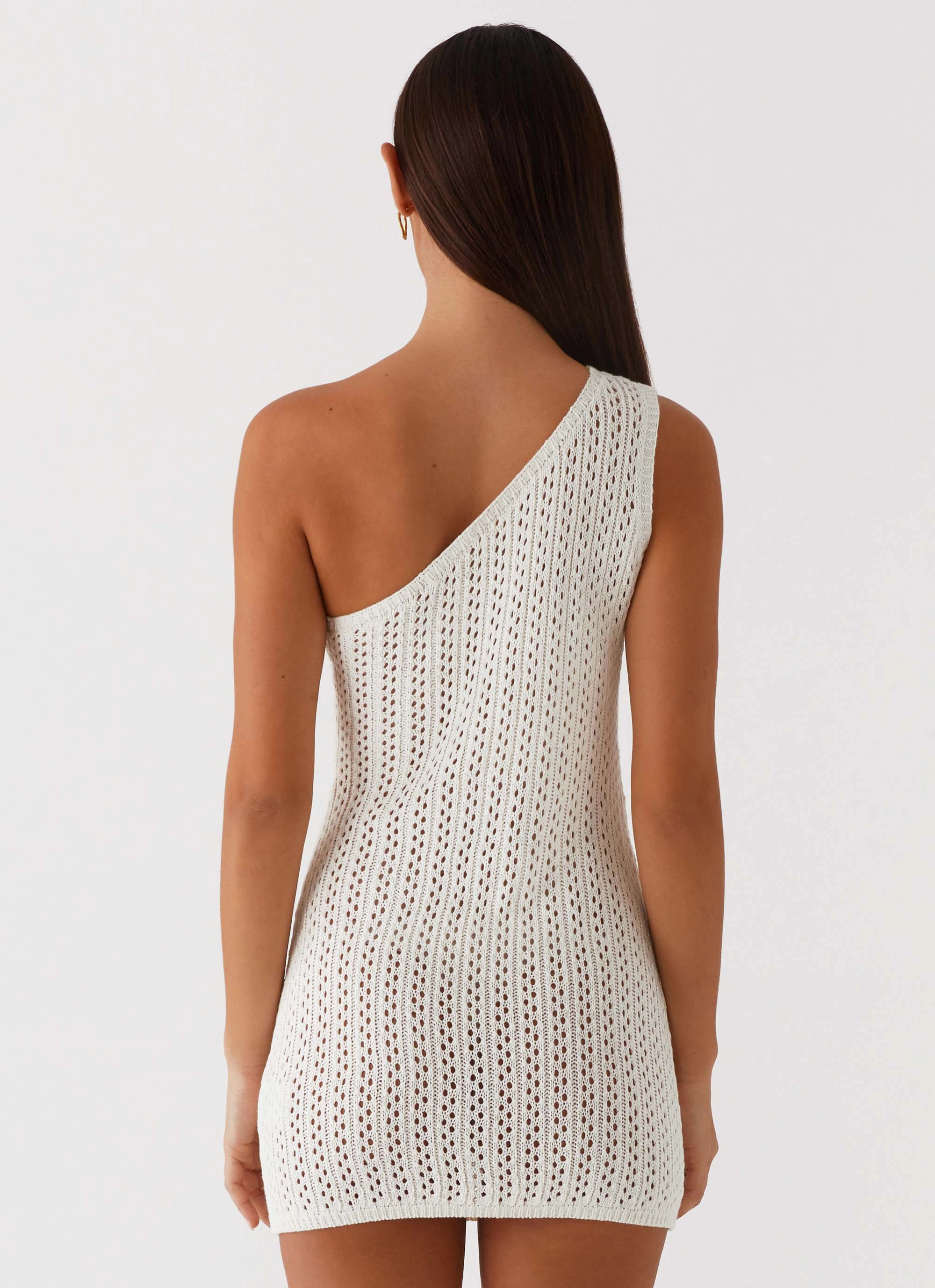 Airy Drape Afterglow One Shoulder Crochet Mini Dress - Ivory
