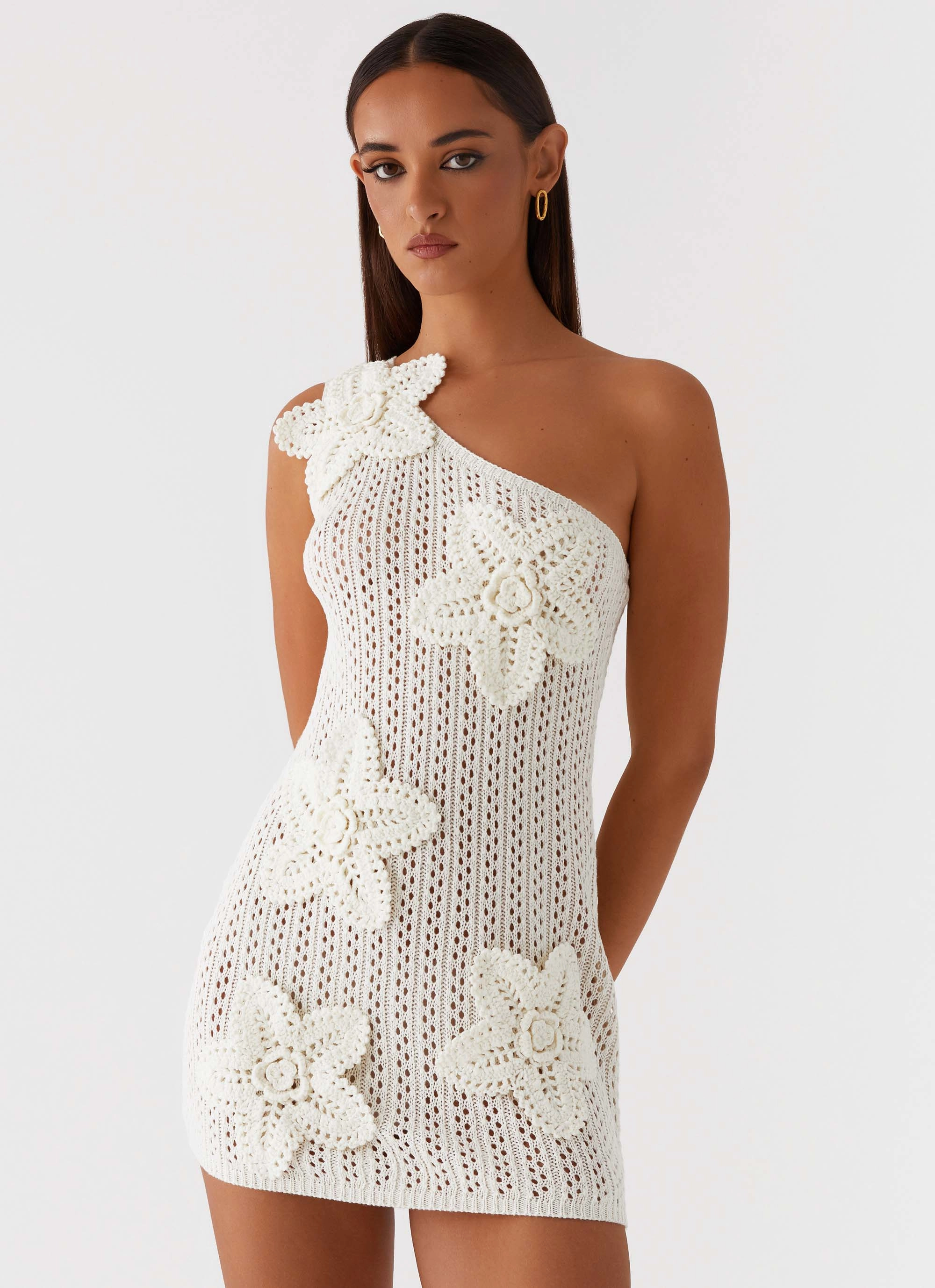 Afterglow One Shoulder Crochet Mini Dress - Ivory Refined Cut Chic Energy
