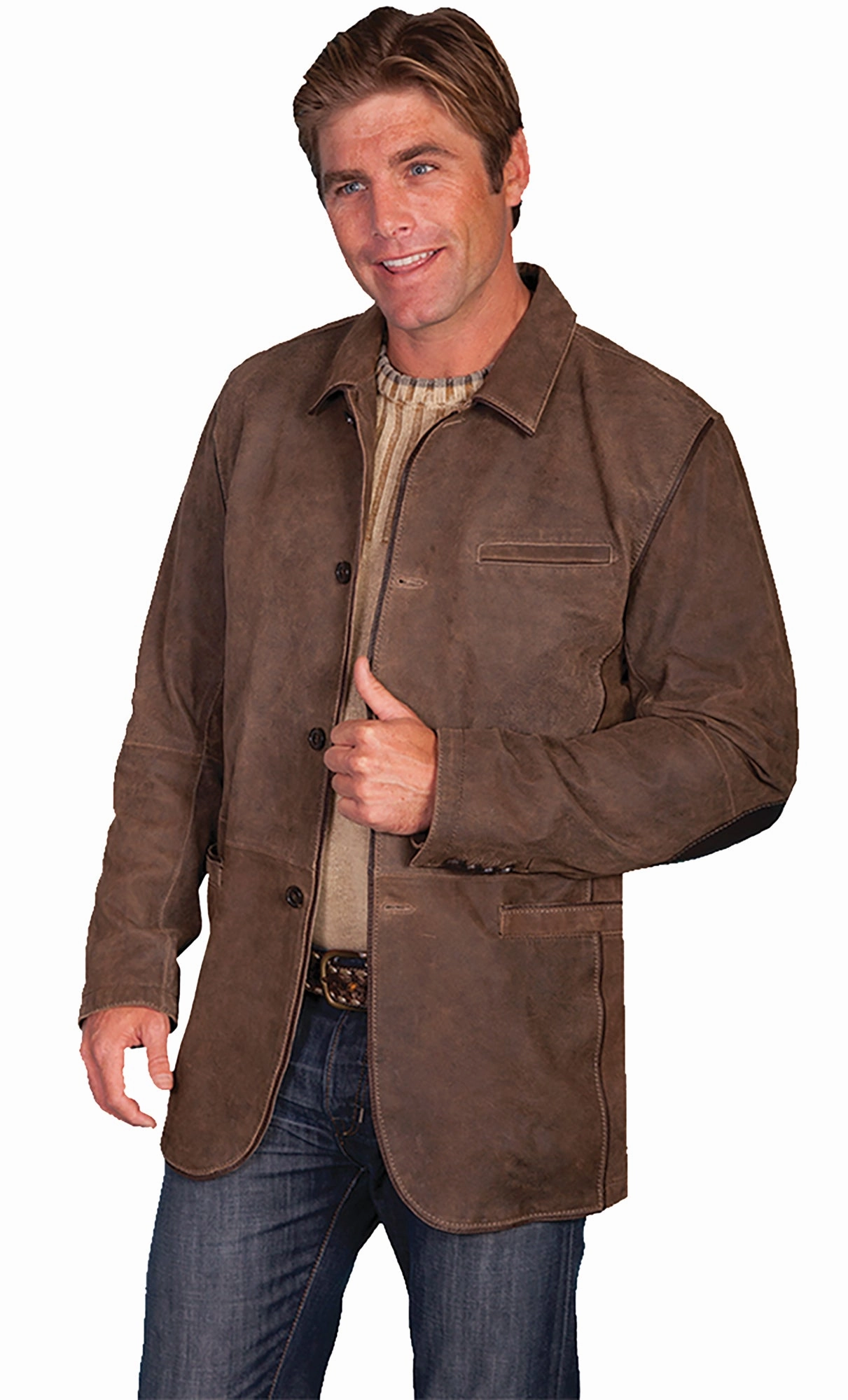 Scully Mens Brown Leather Elbow Patch Jacket Mild Day Outfit Convertible Cuff System