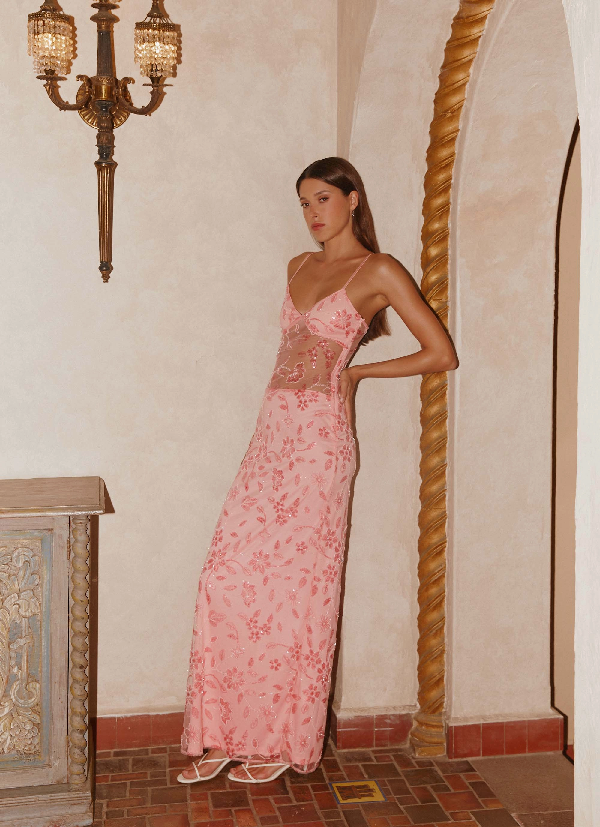 Akira Beaded Maxi Dress - Pink Orange Effortless Elegance Urban Light
