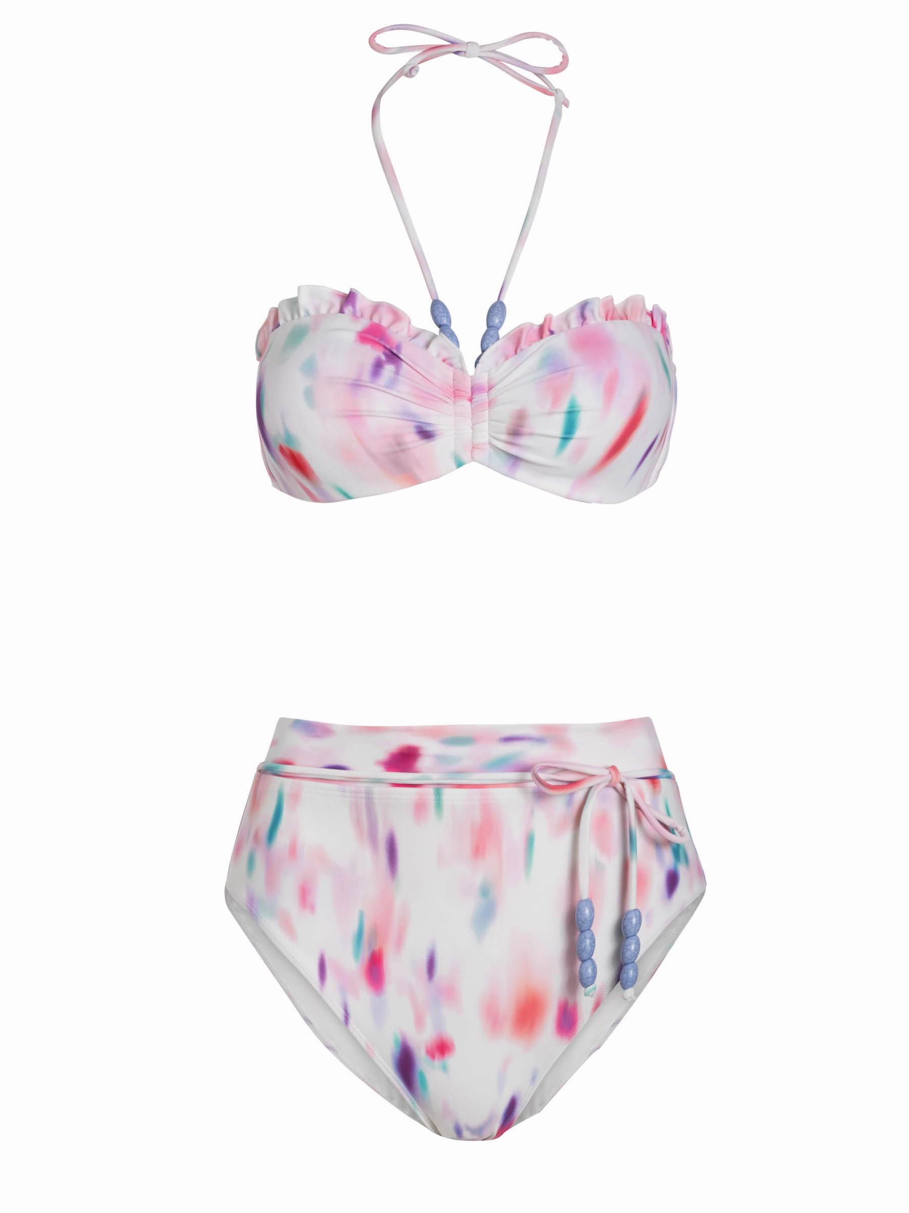 Drag Resistant Texture Odor Control Treatment Alexis Top   Belted Hi Leg Hi Waist Bottom In Hazy Ikat Ivory