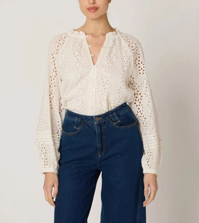 Alicia Blouse | Ivory Eyelet BreathableMeshPanels Textured Weave Pattern