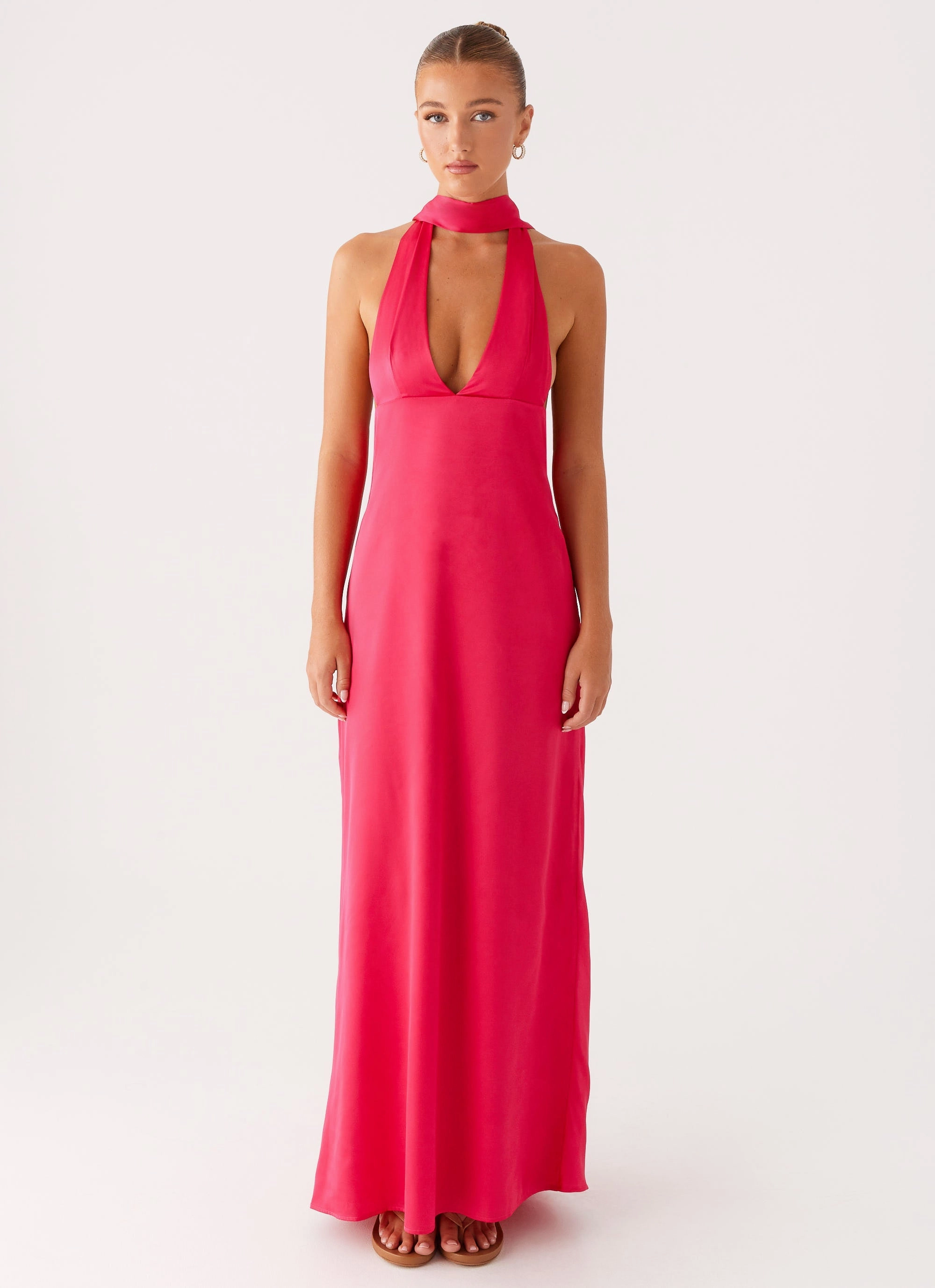 Alicia Satin Halter Maxi Dress - Fuchsia Happy Fit Coastal Chic