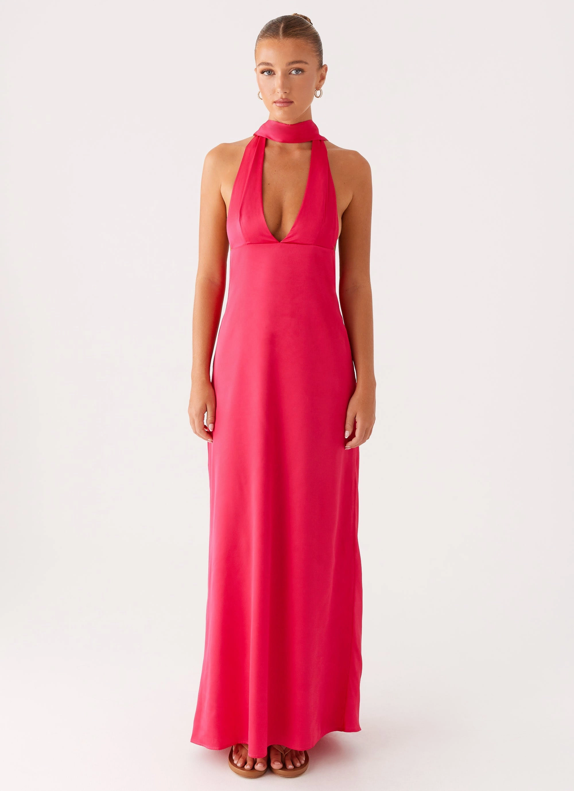 Panelled-Design Alicia Satin Halter Maxi Dress - Fuchsia