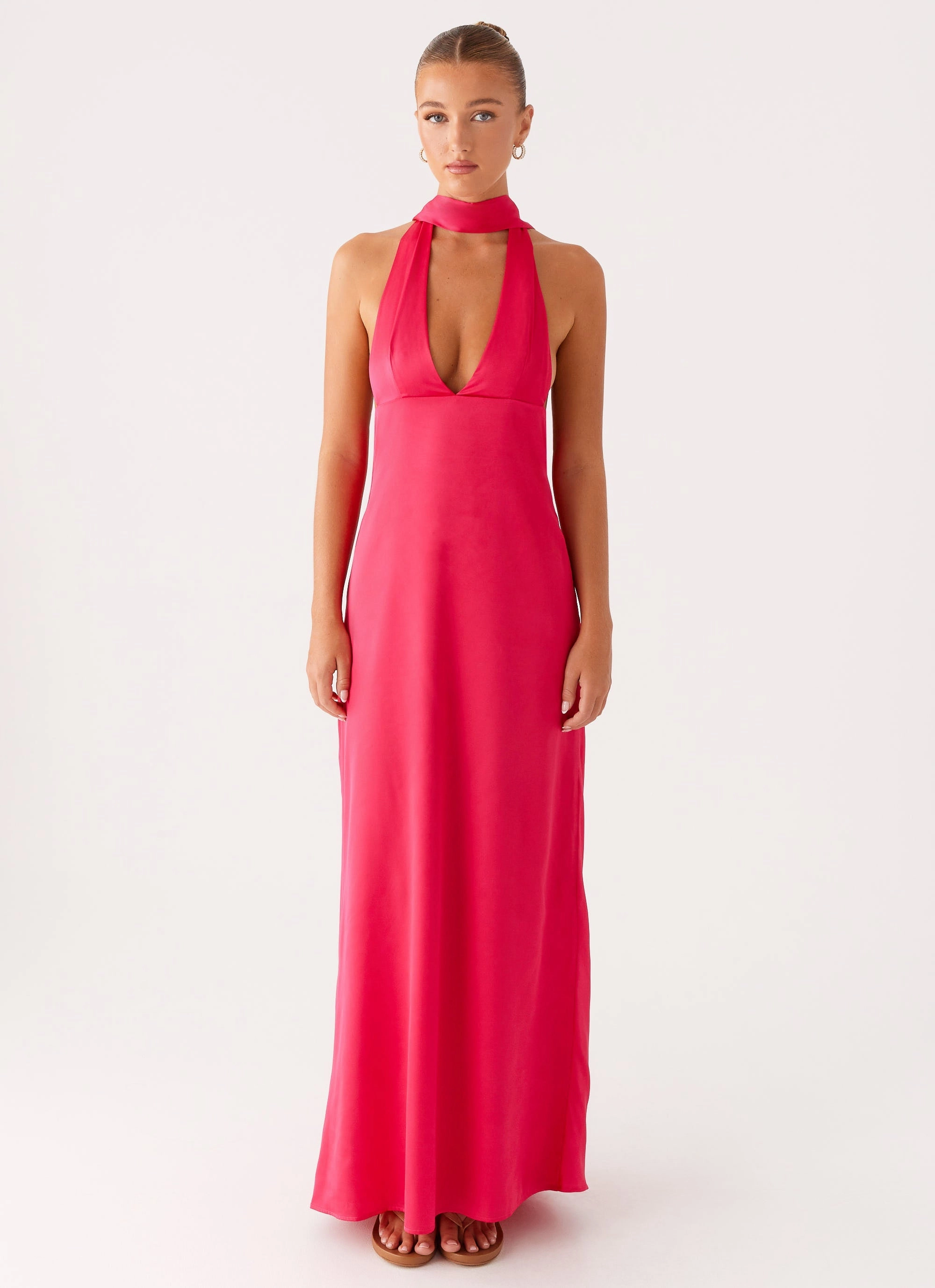 Alicia Satin Halter Maxi Dress - Fuchsia Light Motion