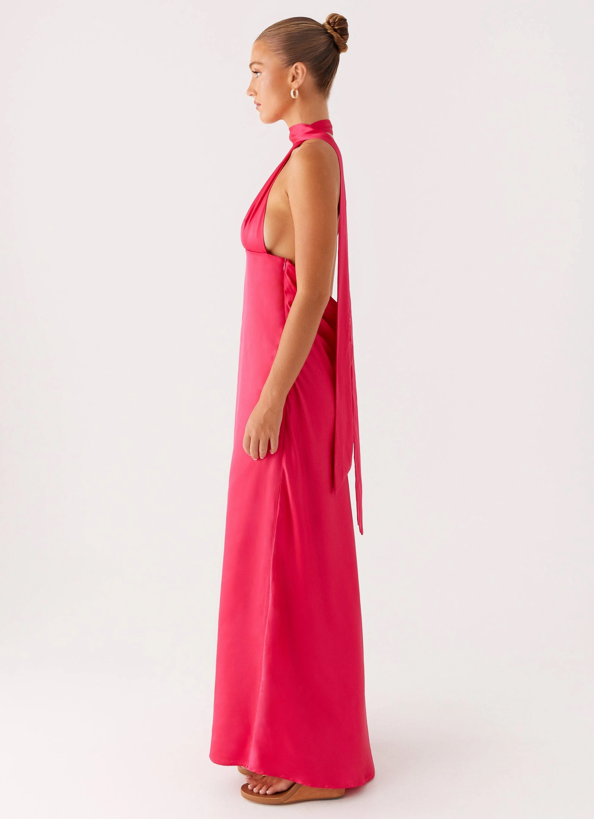 Alicia Satin Halter Maxi Dress - Fuchsia Bell-Sleeve