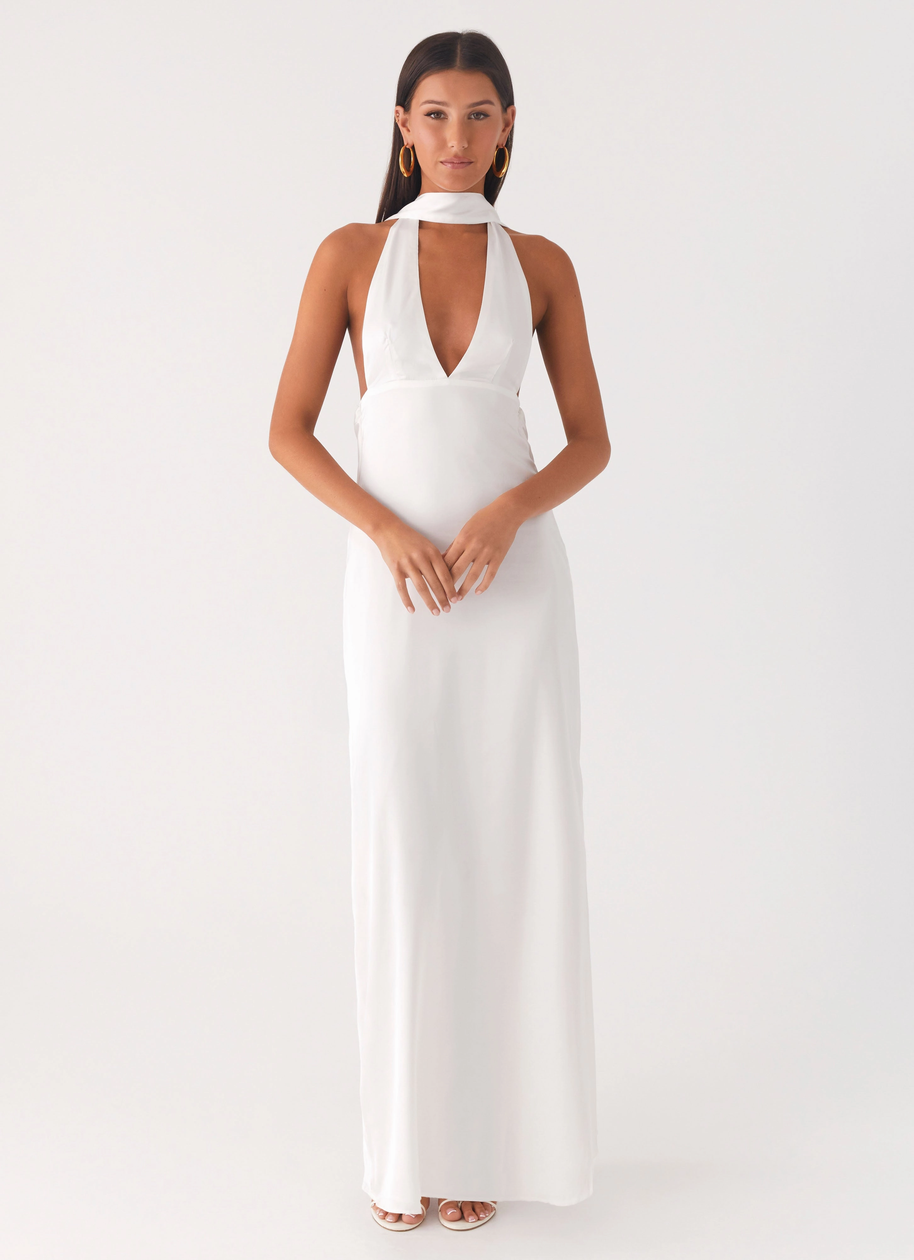 Alicia Satin Halter Maxi Dress - White Lace Soft Functional Wear