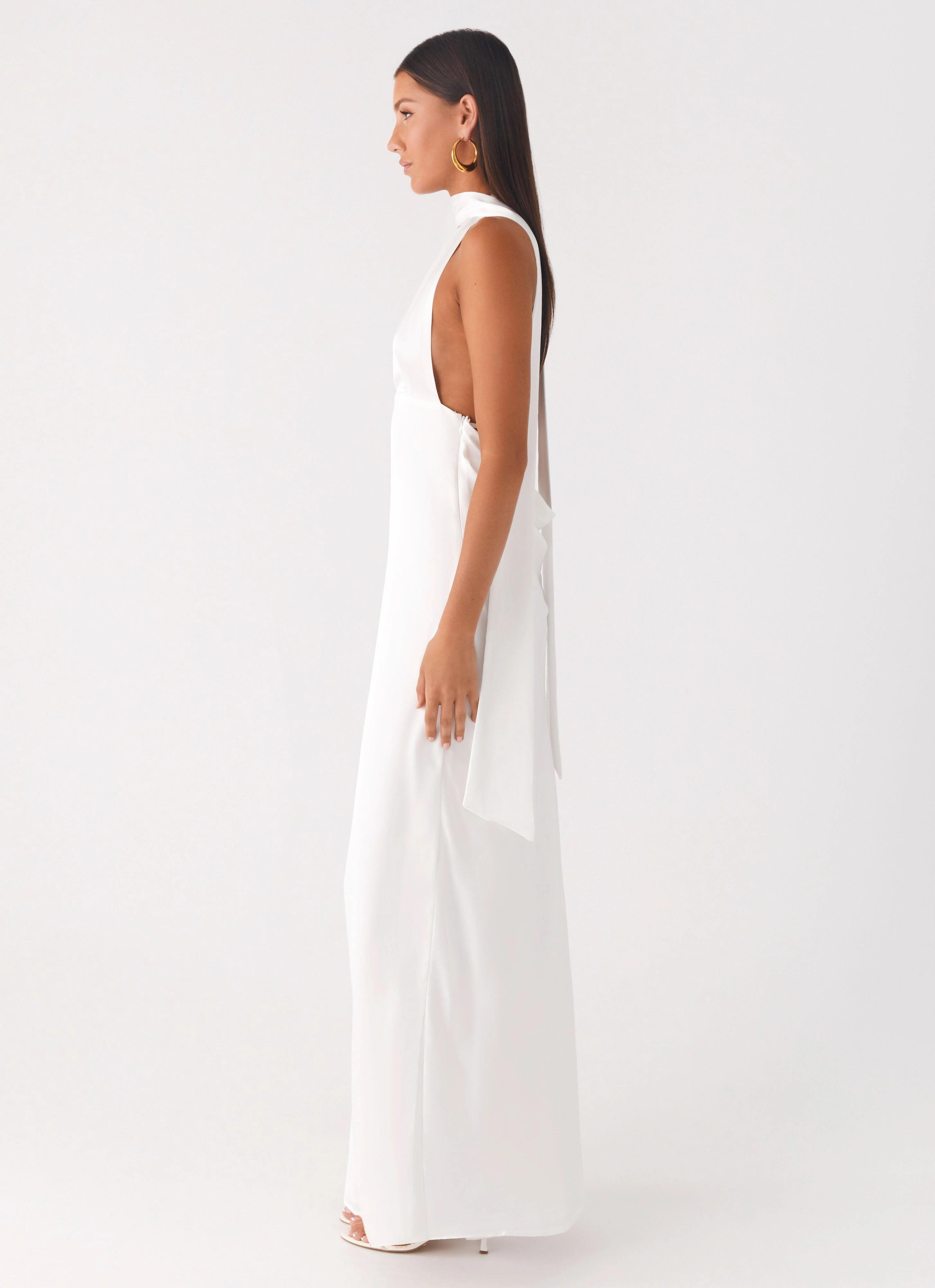 Alicia Satin Halter Maxi Dress - White Tailored Style