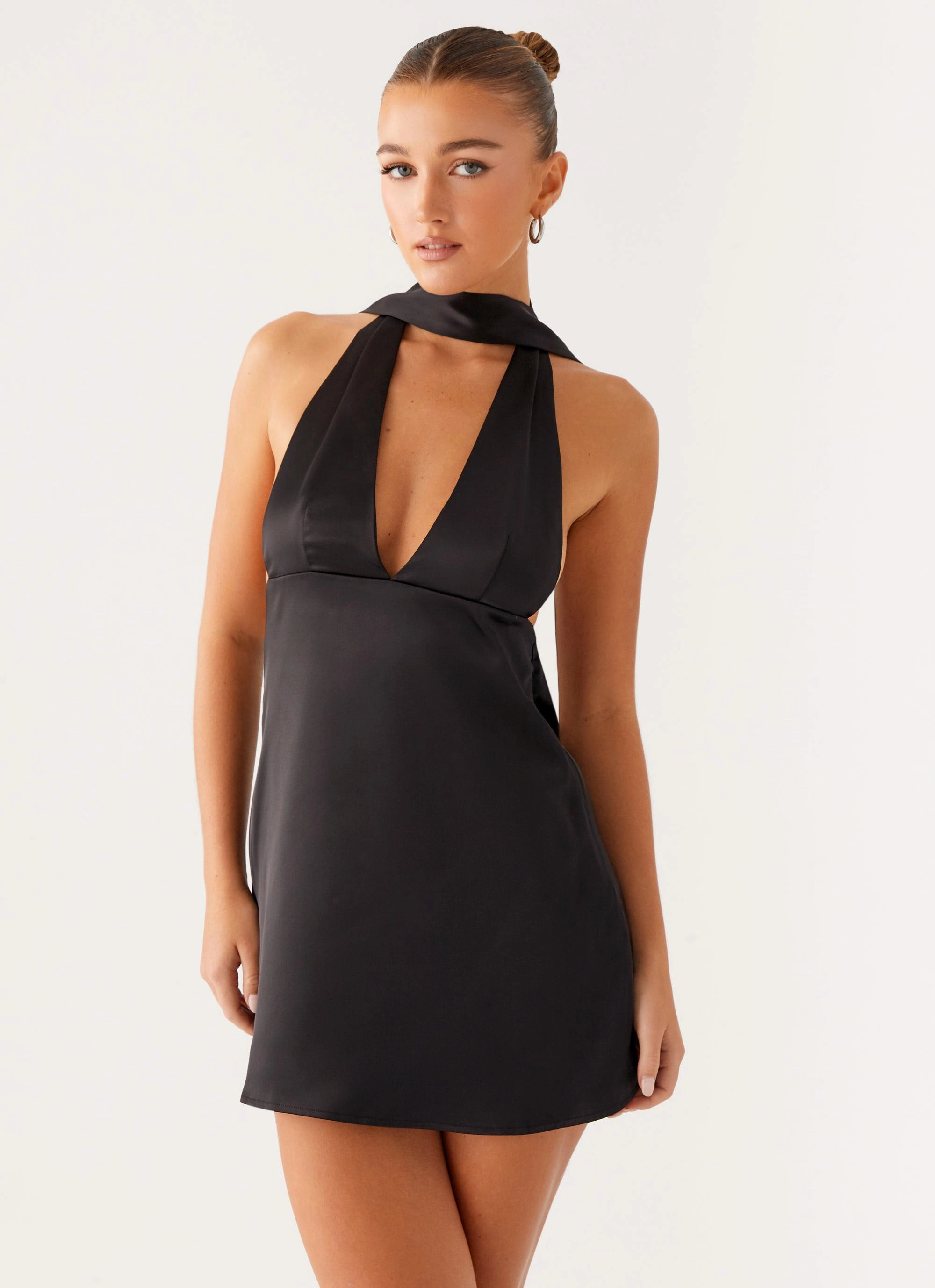 Slit-Hem Alicia Satin Halter Mini Dress - Black