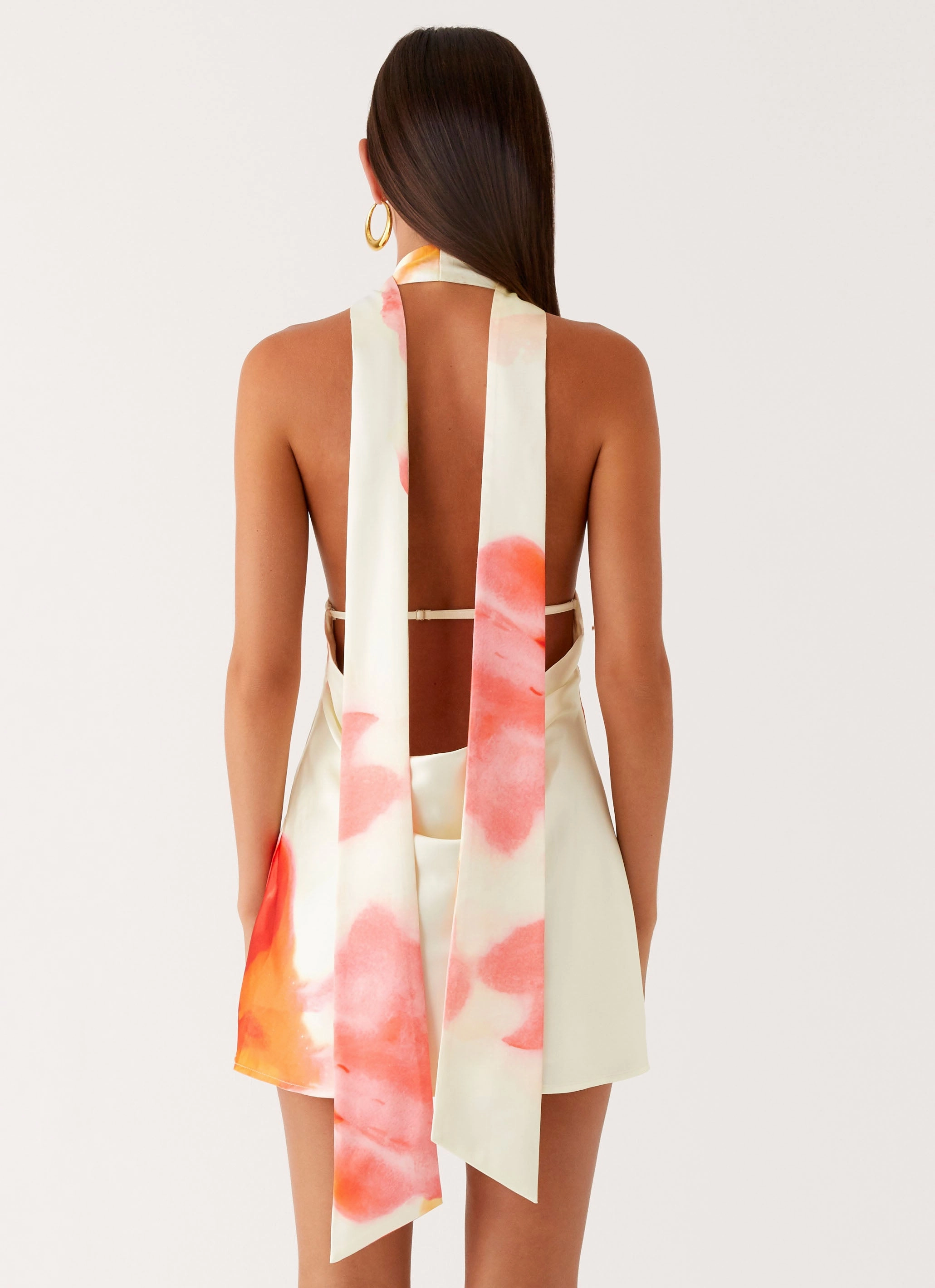 Alicia Satin Halter Mini Dress - Mimosa Blossom Day Glow