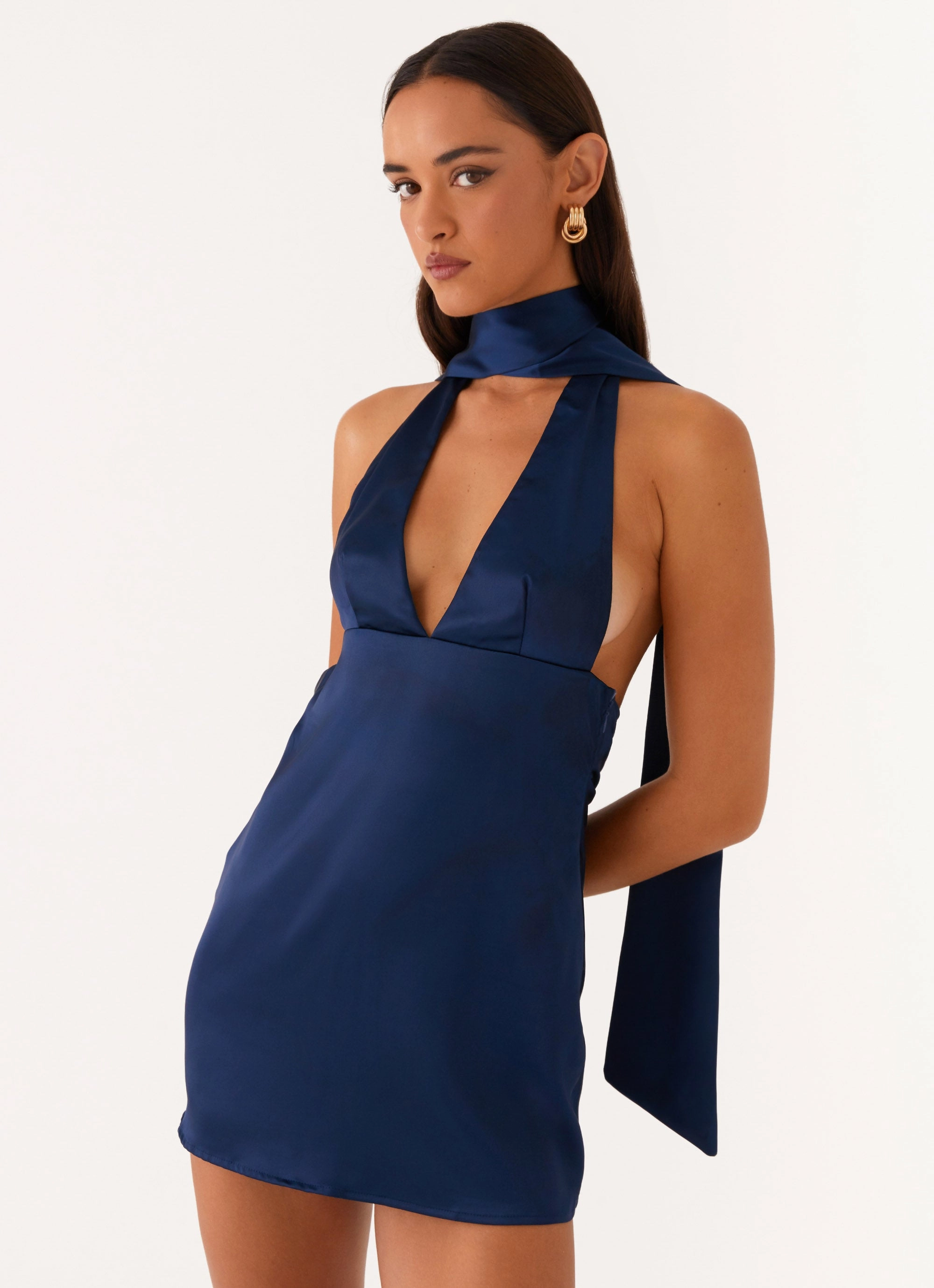 Alicia Satin Halter Mini Dress - Navy Silk Shine