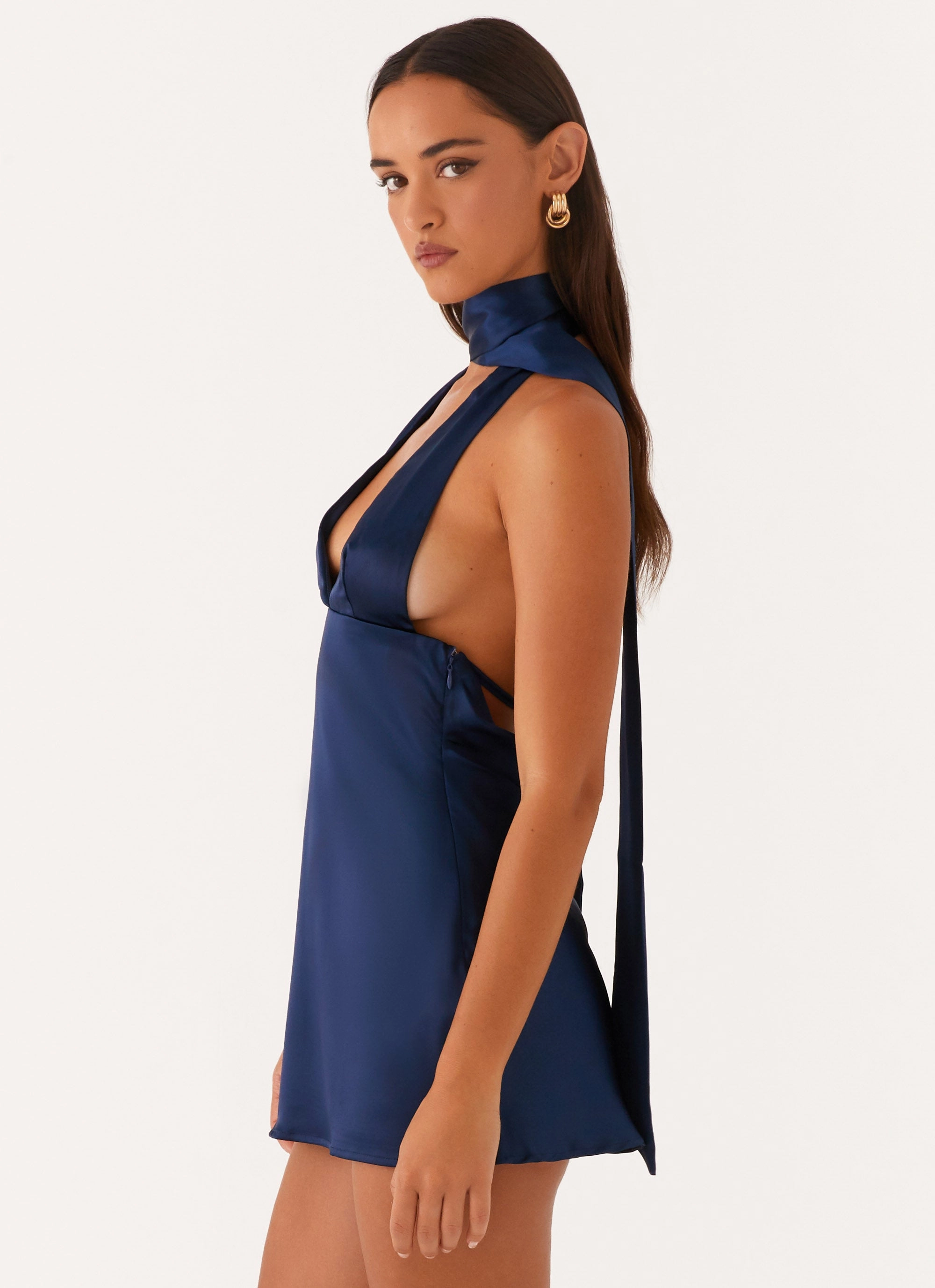 Alicia Satin Halter Mini Dress - Navy Subtle Texture Balanced feel