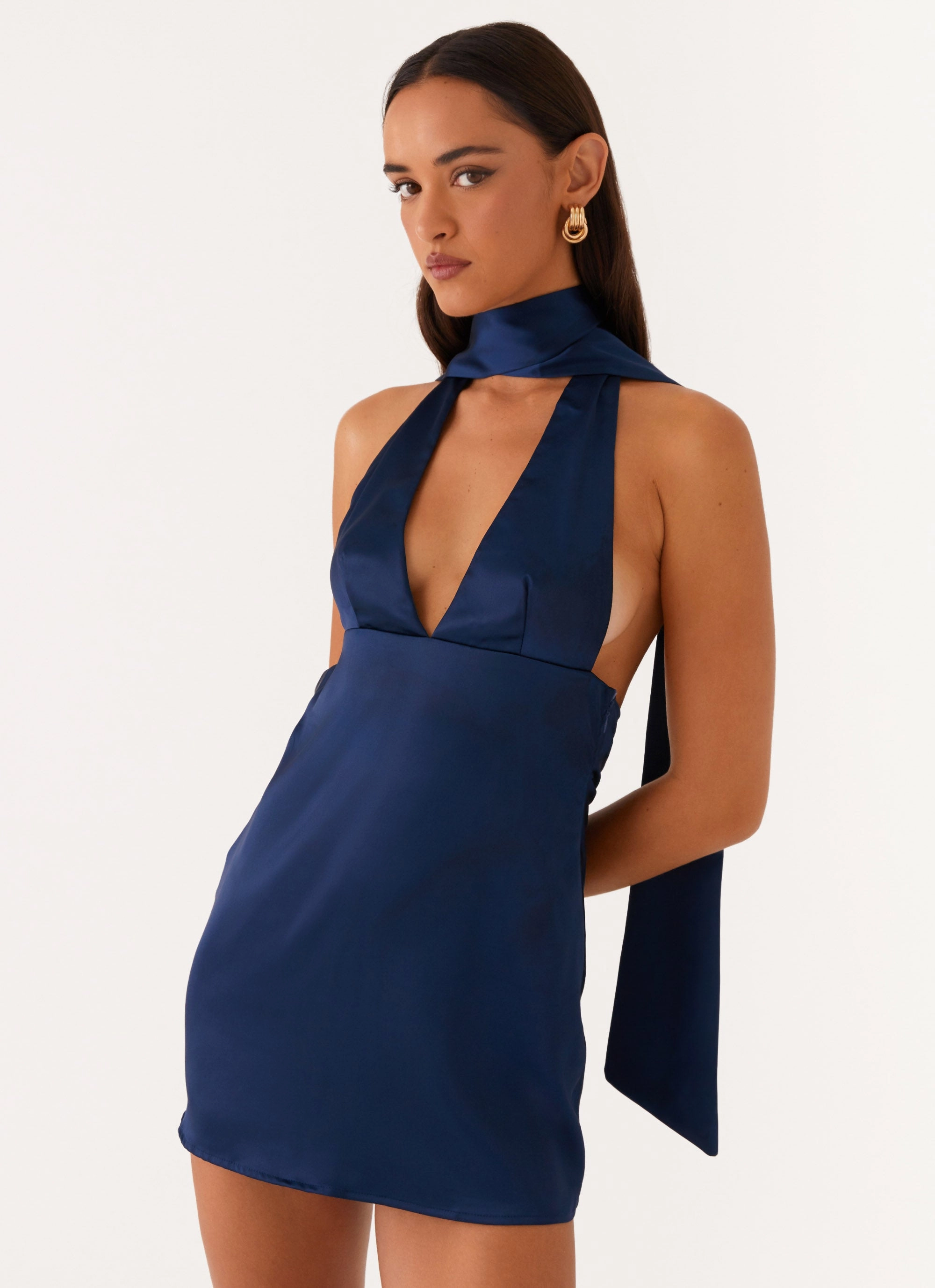 Pure Vibes Alicia Satin Halter Mini Dress - Navy
