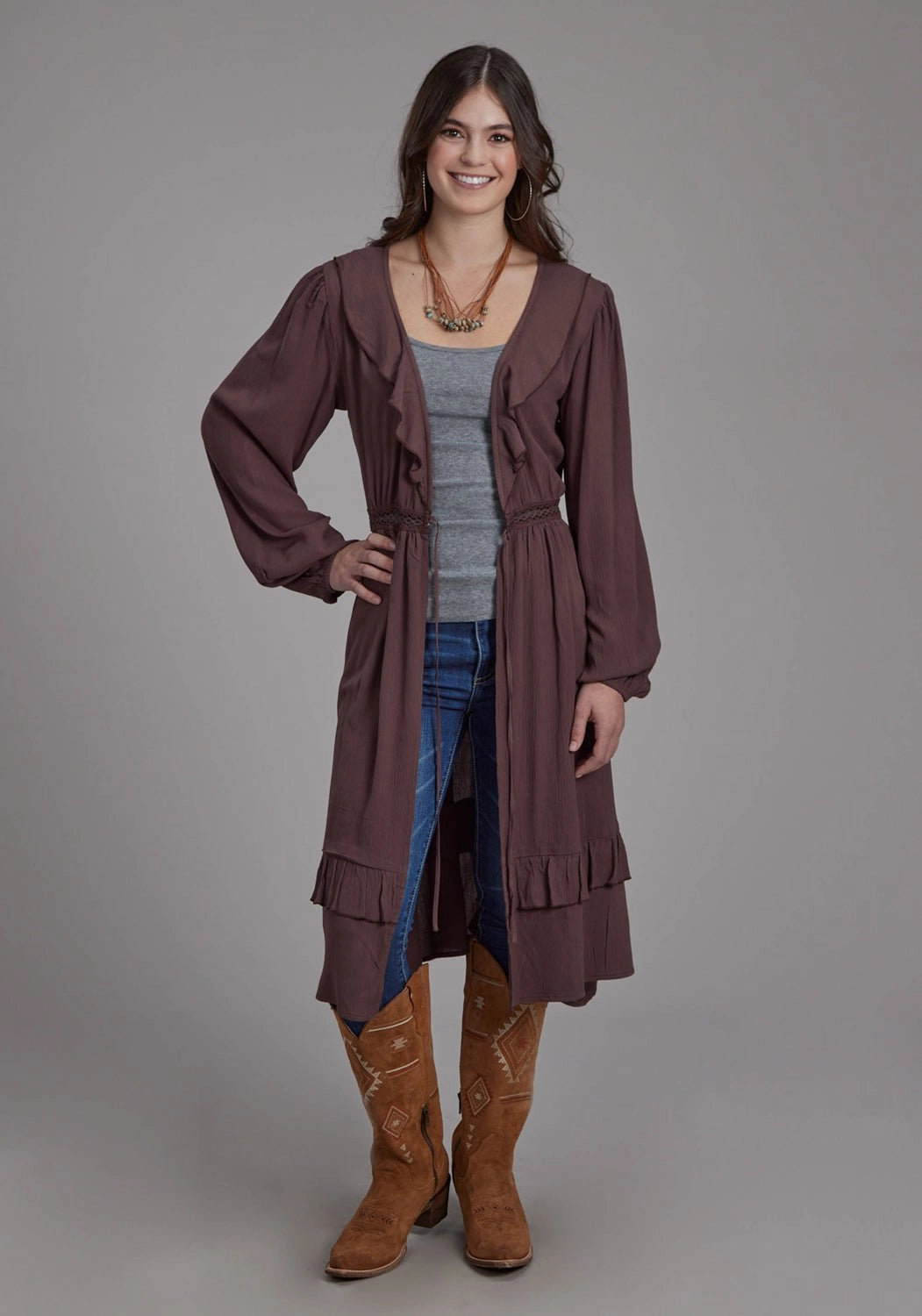 Roper Womens Deep V Ruffles Brown 100% Rayon Cardigan Sweater Seasonal Layers Knitwear Comfort