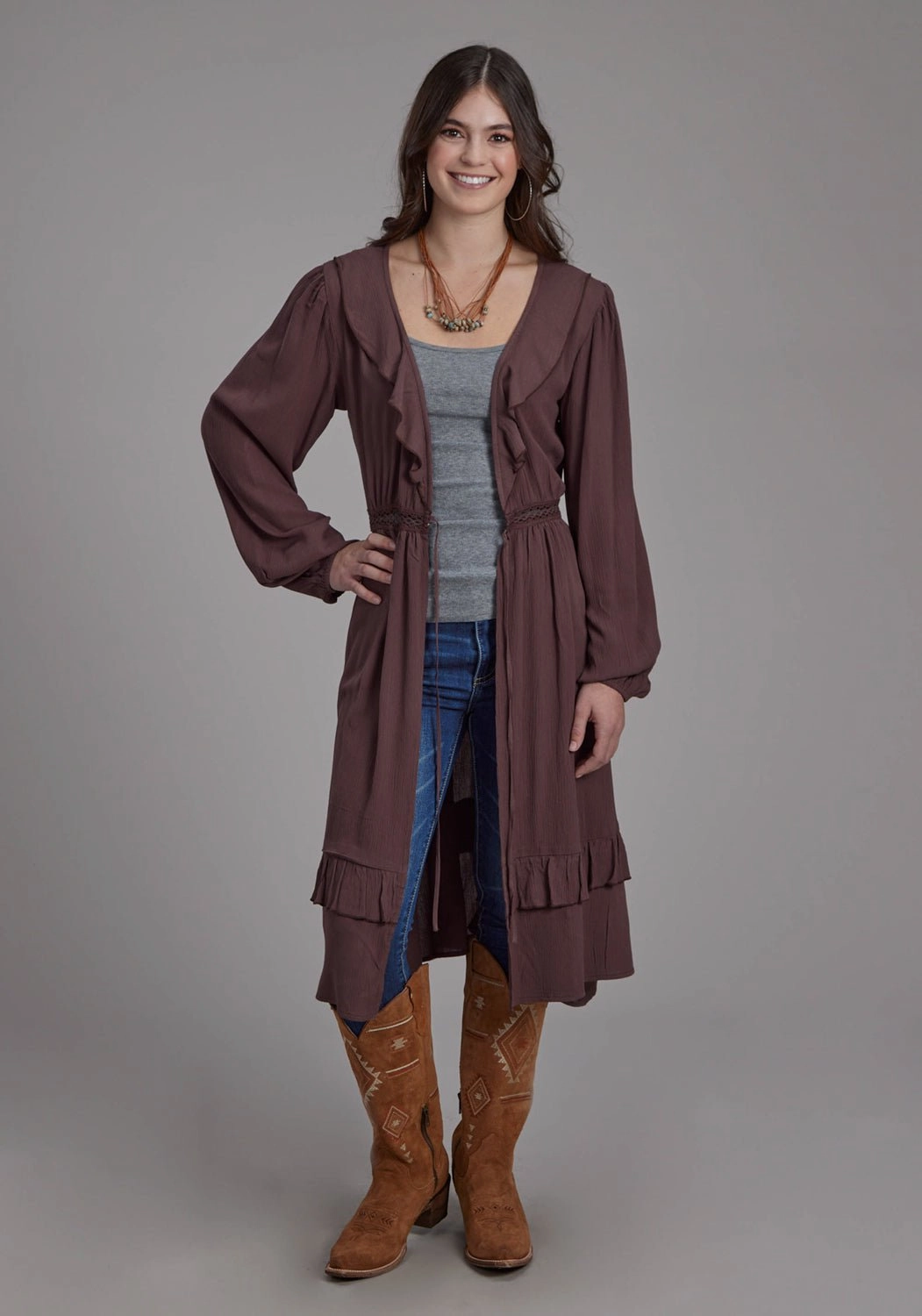 Sleek Design Roper Womens Deep V Ruffles Brown 100% Rayon Cardigan Sweater