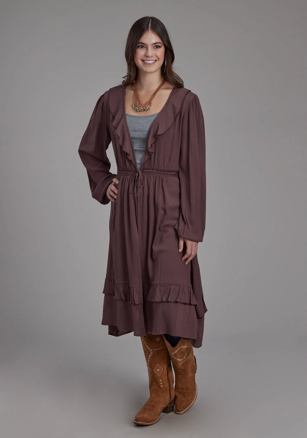 Roper Womens Deep V Ruffles Brown 100% Rayon Cardigan Sweater Fine Gauge Knit Garment Dyed Finish