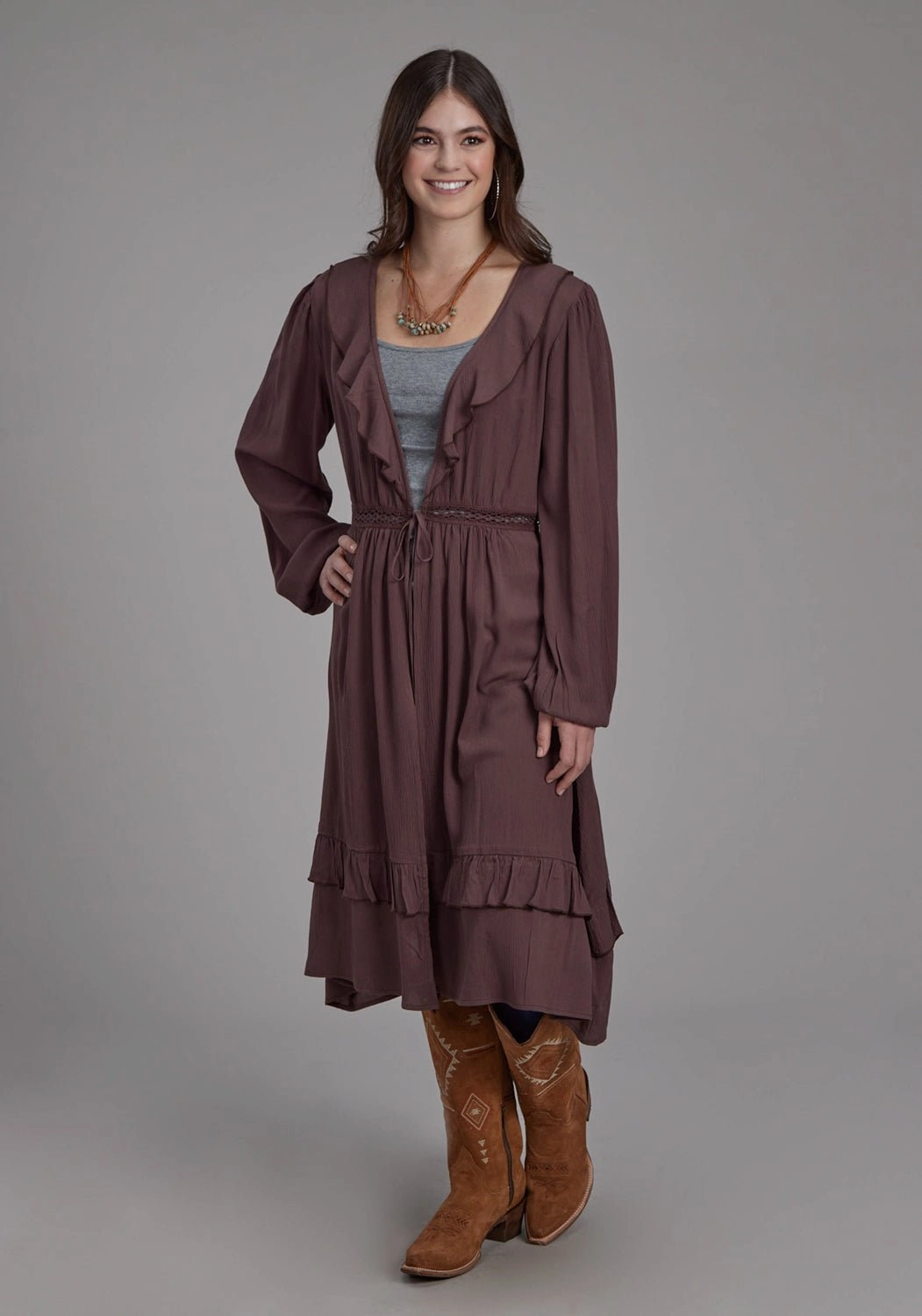 Roper Womens Deep V Ruffles Brown 100% Rayon Cardigan Sweater Warm Knit Design Odor Resistant Material