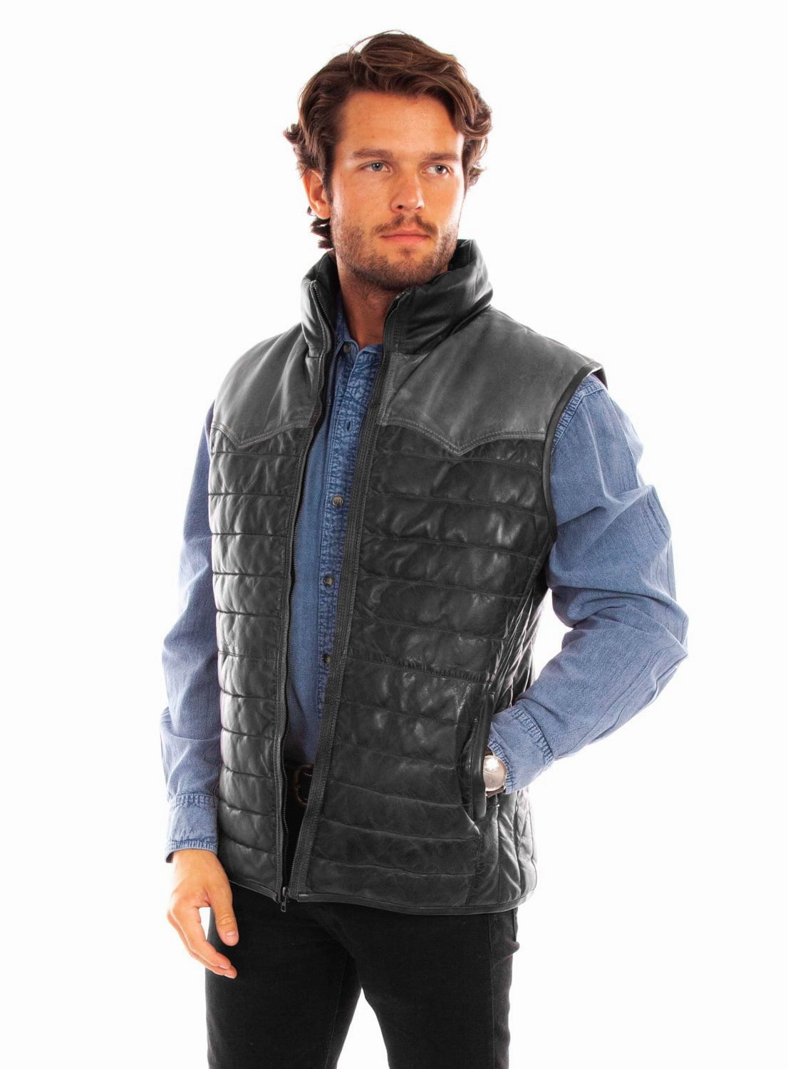 Scully Mens Two Tone Yoke Black/Grey Leather Leather Vest Poly Blend Simple Urban Layer